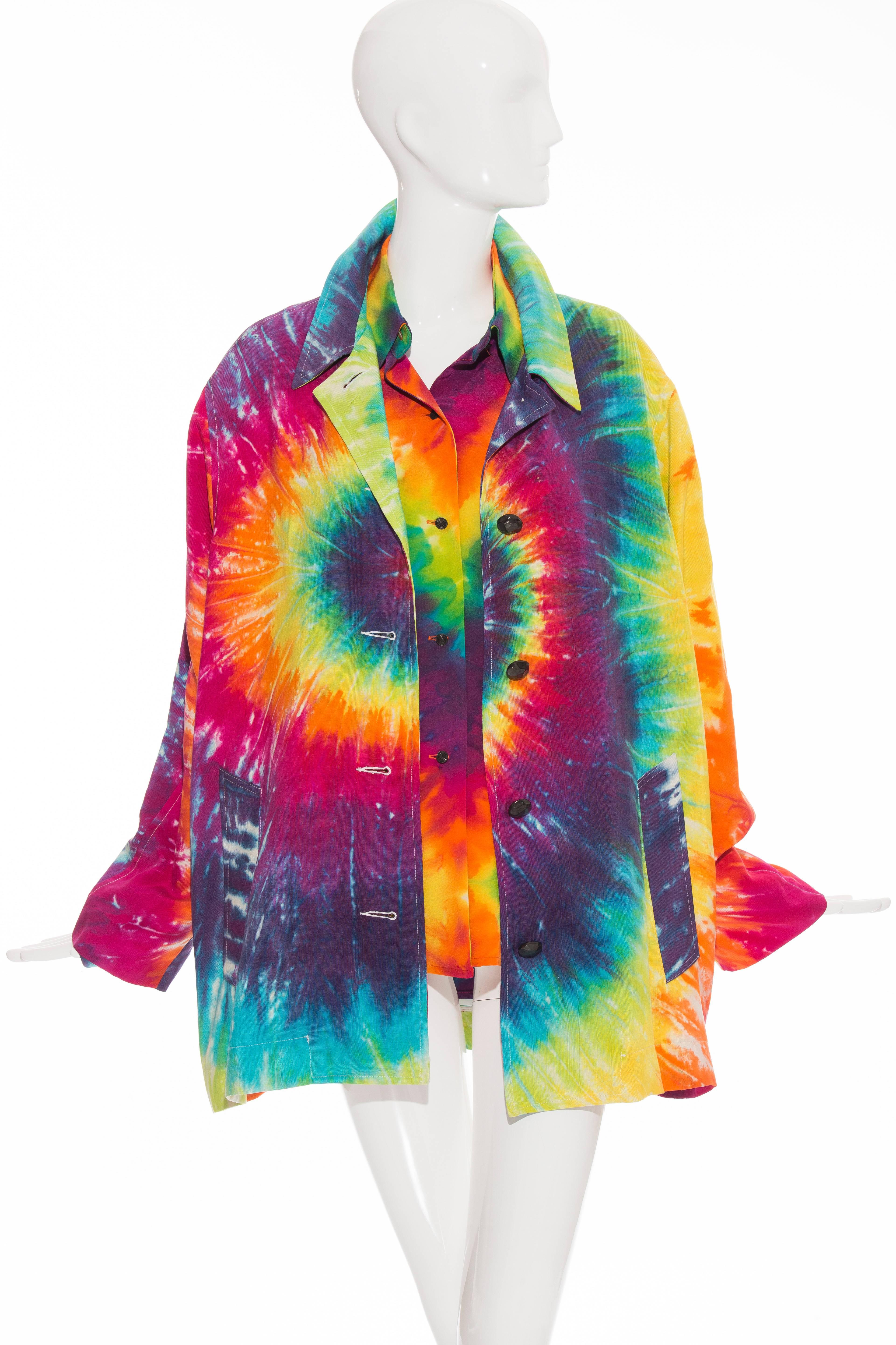Todd Oldham, Spring 1994,  jacket and blouse by the late tie-dye artist Helen Gist-Tselikidis. Button front jacket with two front pockets and fully lined in silk with button front blouse.

Jacket: size M Bust 48 inches, Waist 50, Hips 50 Inches,