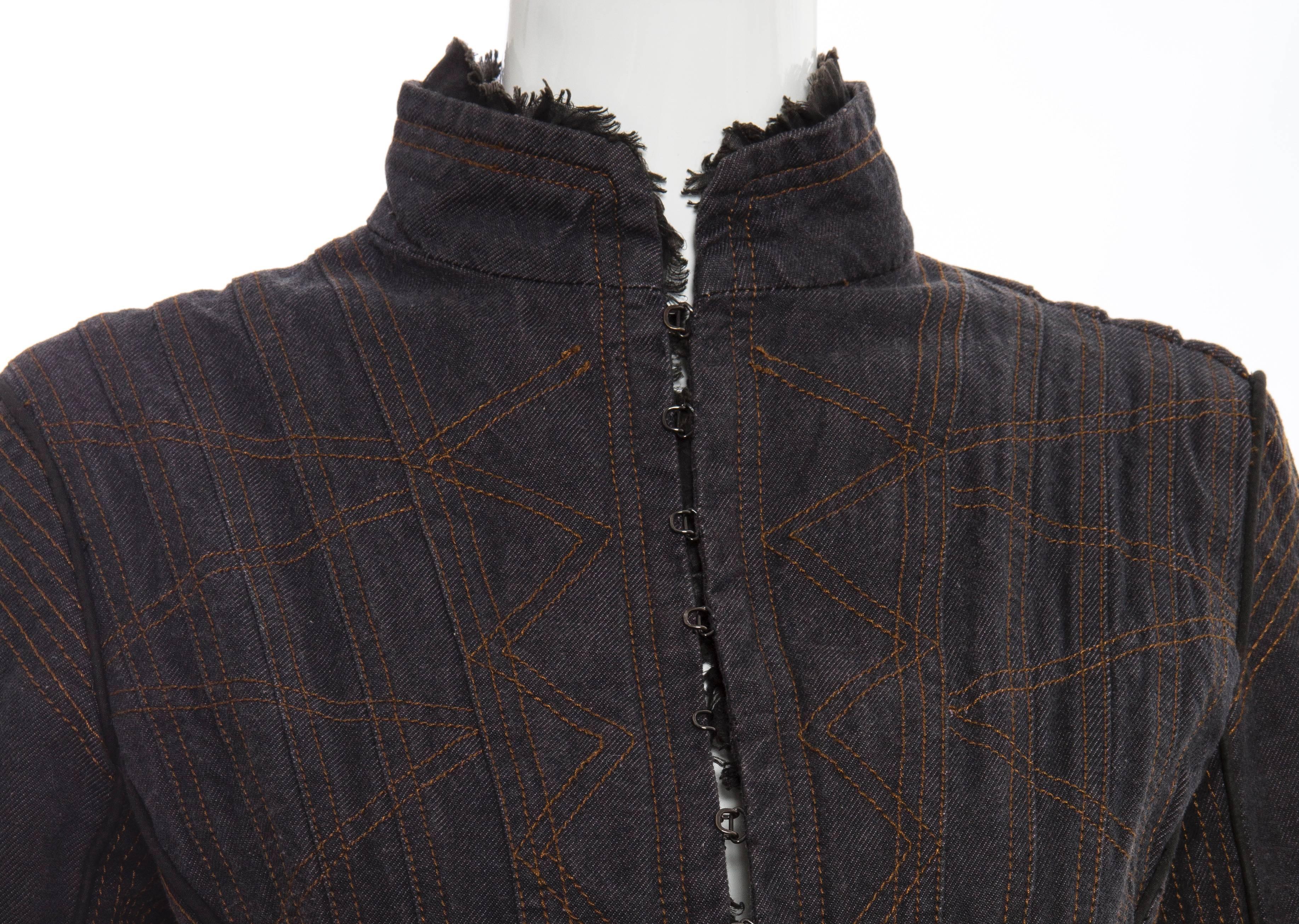 Alexander McQueen Blue Cotton Denim Jacket Brown Geometric Stitching, Circa 2007 For Sale 2