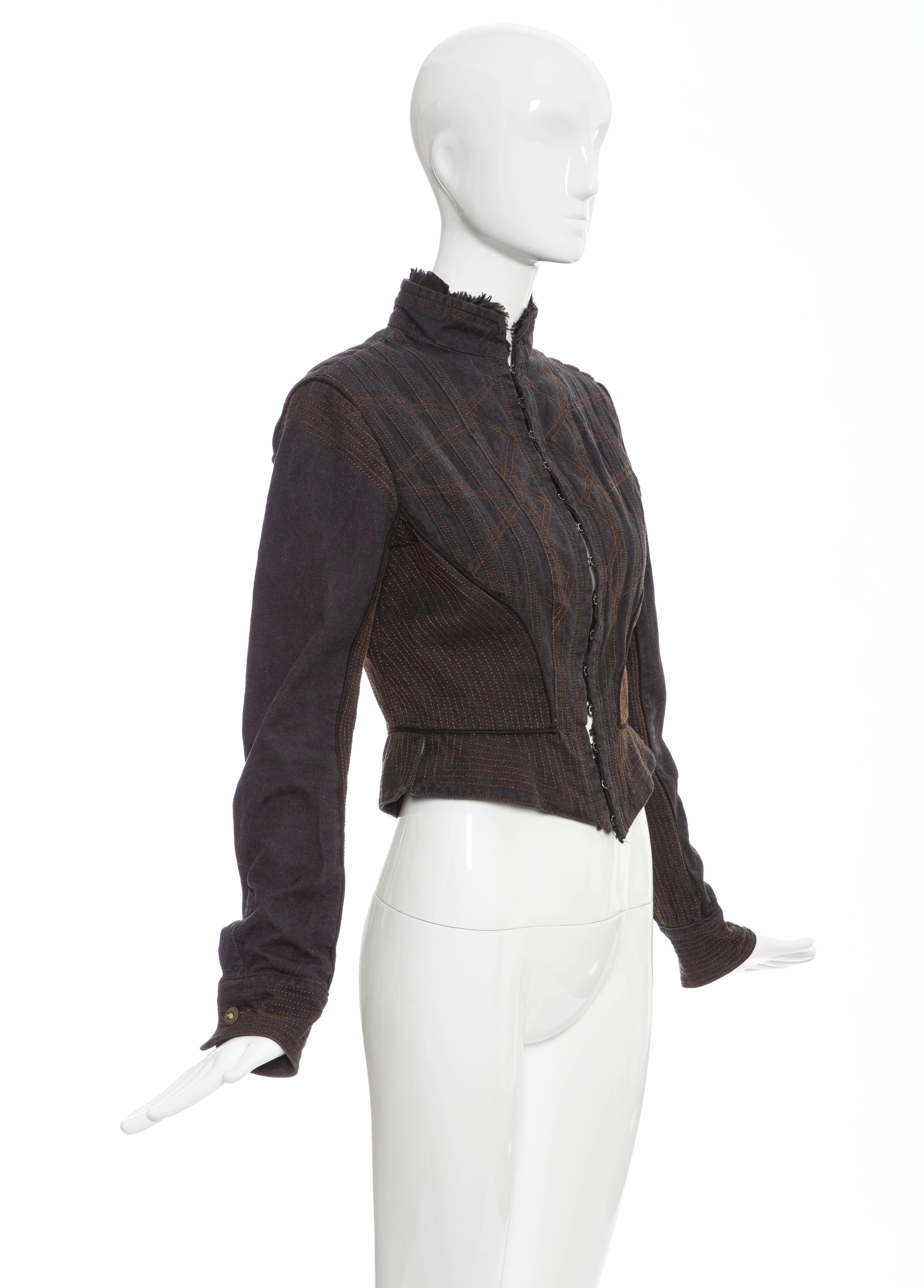 Women's Alexander McQueen Blue Cotton Denim Jacket Brown Geometric Stitching, Circa 2007 For Sale