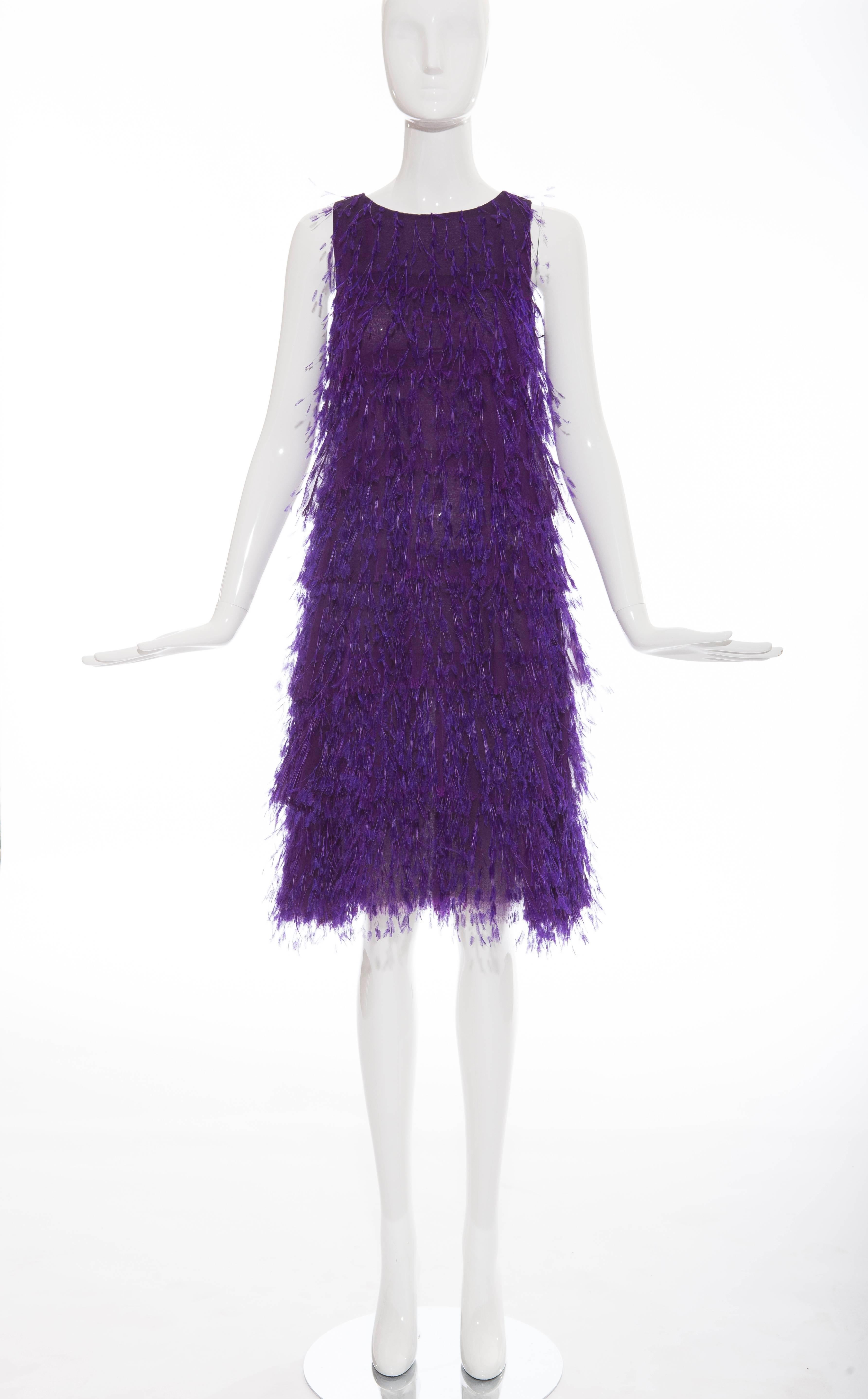 Chado Ralph Rucci, Fall 2013, sleeveless silk shift dress with crew neck, feather detail throughout, concealed back zip and fully lined in silk chiffon.

Bust 32”, Waist 31”, Hip 40”, Length 40.5”
Fabric Content: 100% Silk