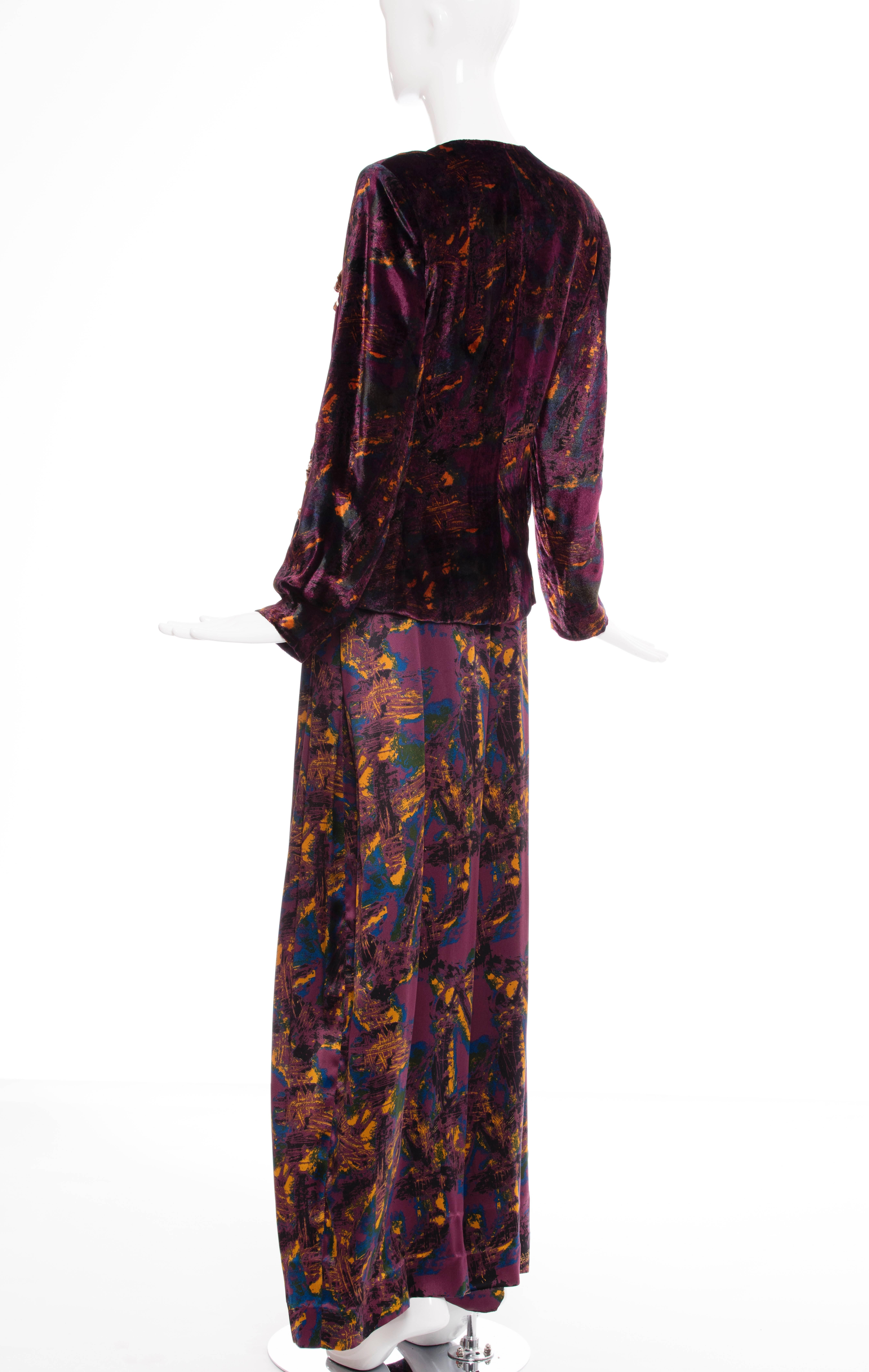 Christian Lacroix Printed Silk Charmeuse Palazzo Pant Suit, Circa 1980's For Sale 1