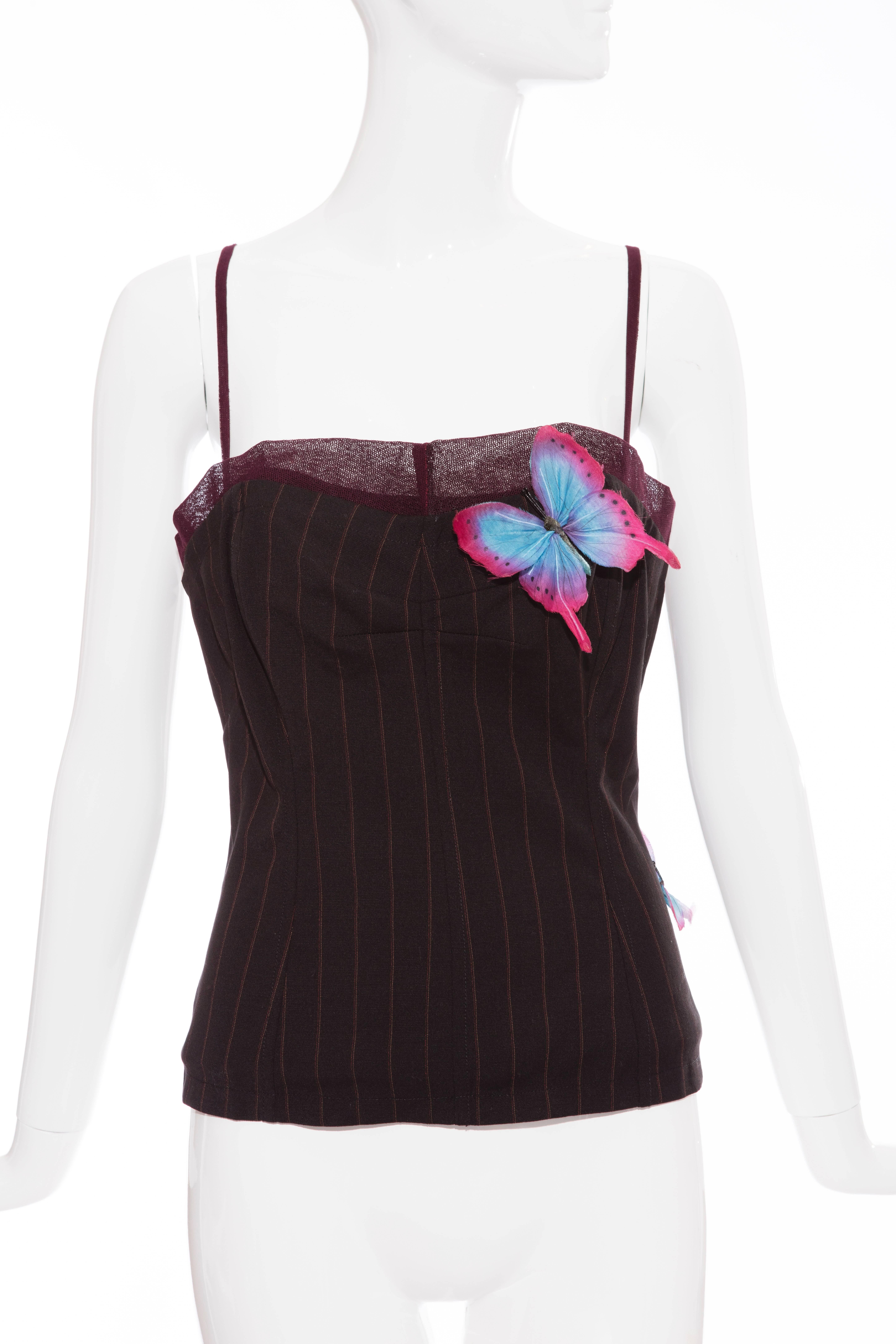 Dolce & Gabbana, Spring=Summer 1998, bustier with sweetheart neckline, mesh at trim, pinstripe pattern, butterfly embellishments throughout and multiple hook and eye closures at center back.

IT. 44
US. 8

Bust 36”, Waist 30”, Length