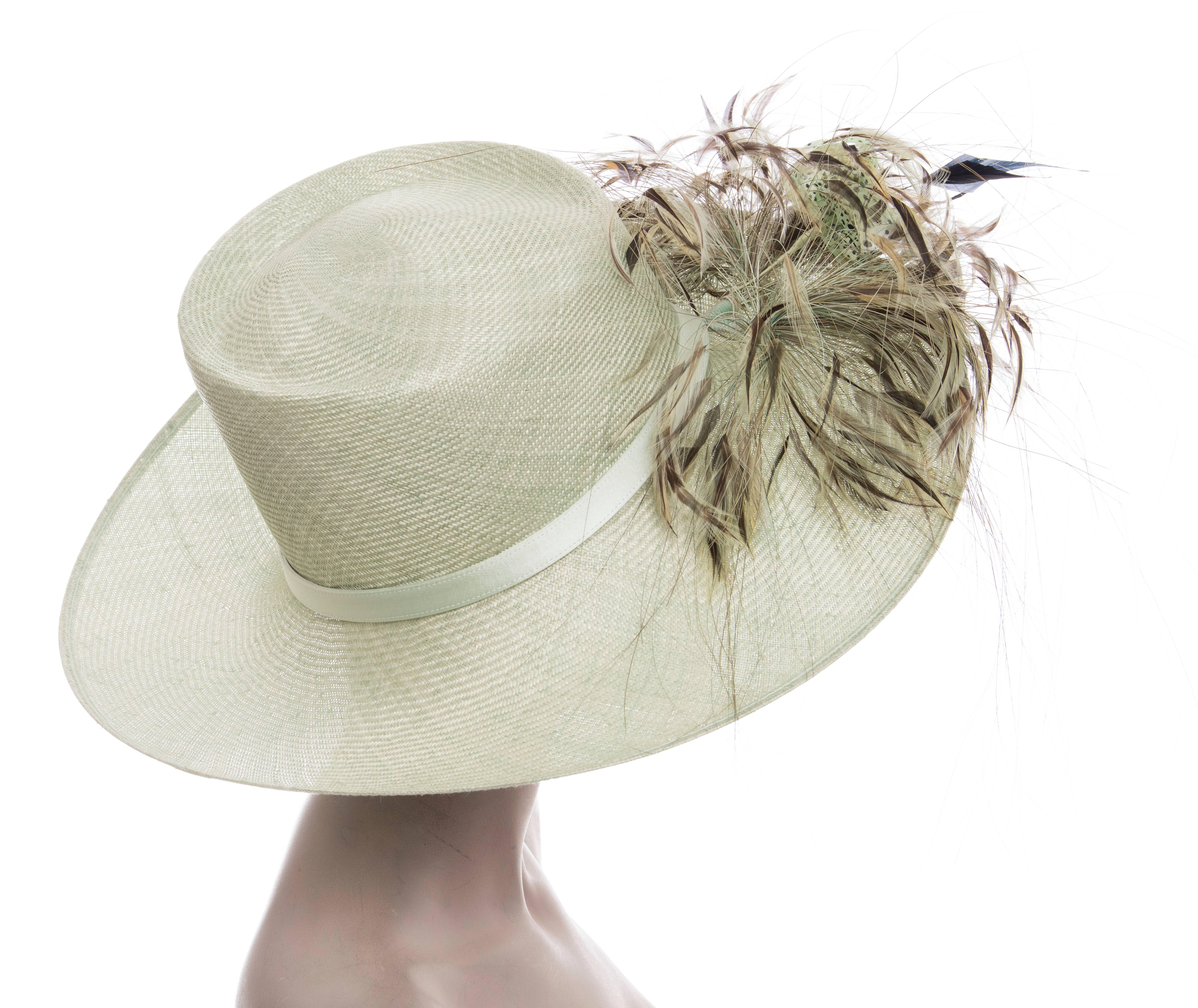 Beige Philip Treacy Sinamay Hat With Feather Accent