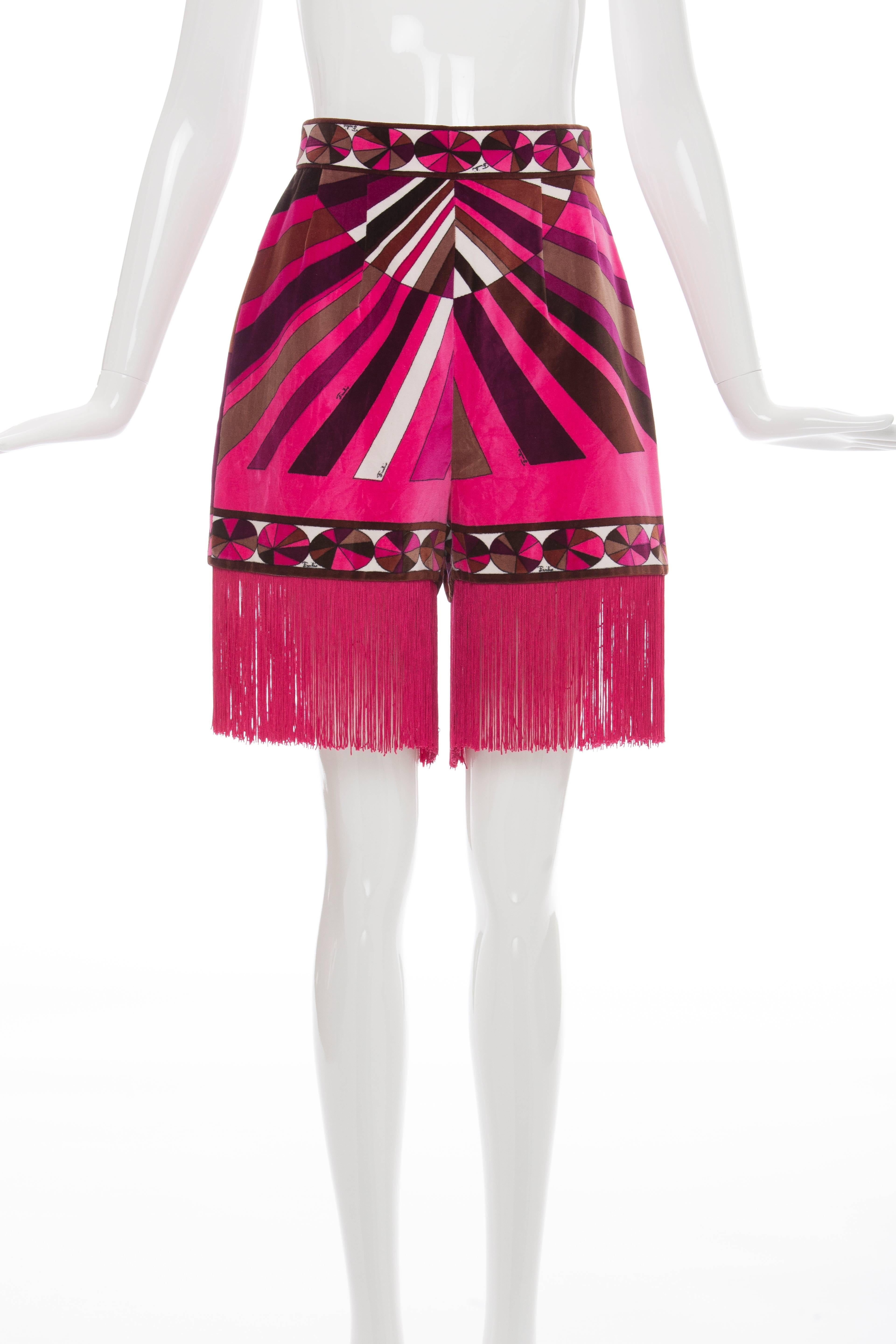 Emilio Pucci, Circa 1970's cotton velveteen high waisted, hot pants with long fringe trim and back zip closure.

26