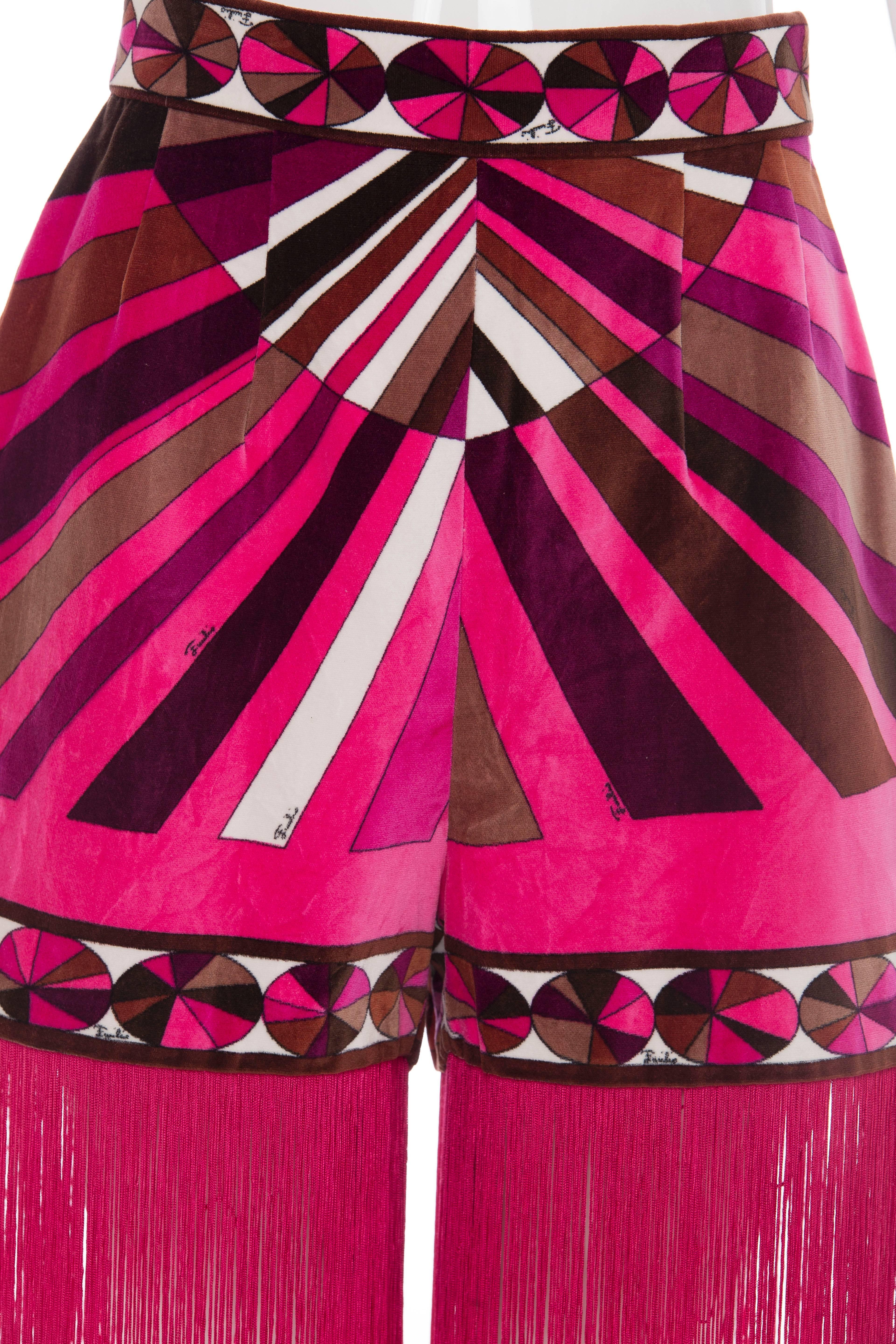 Red Emilio Pucci Pink Printed Velvet High Waisted Hot Pants Fringe Trim, Circa 1970s