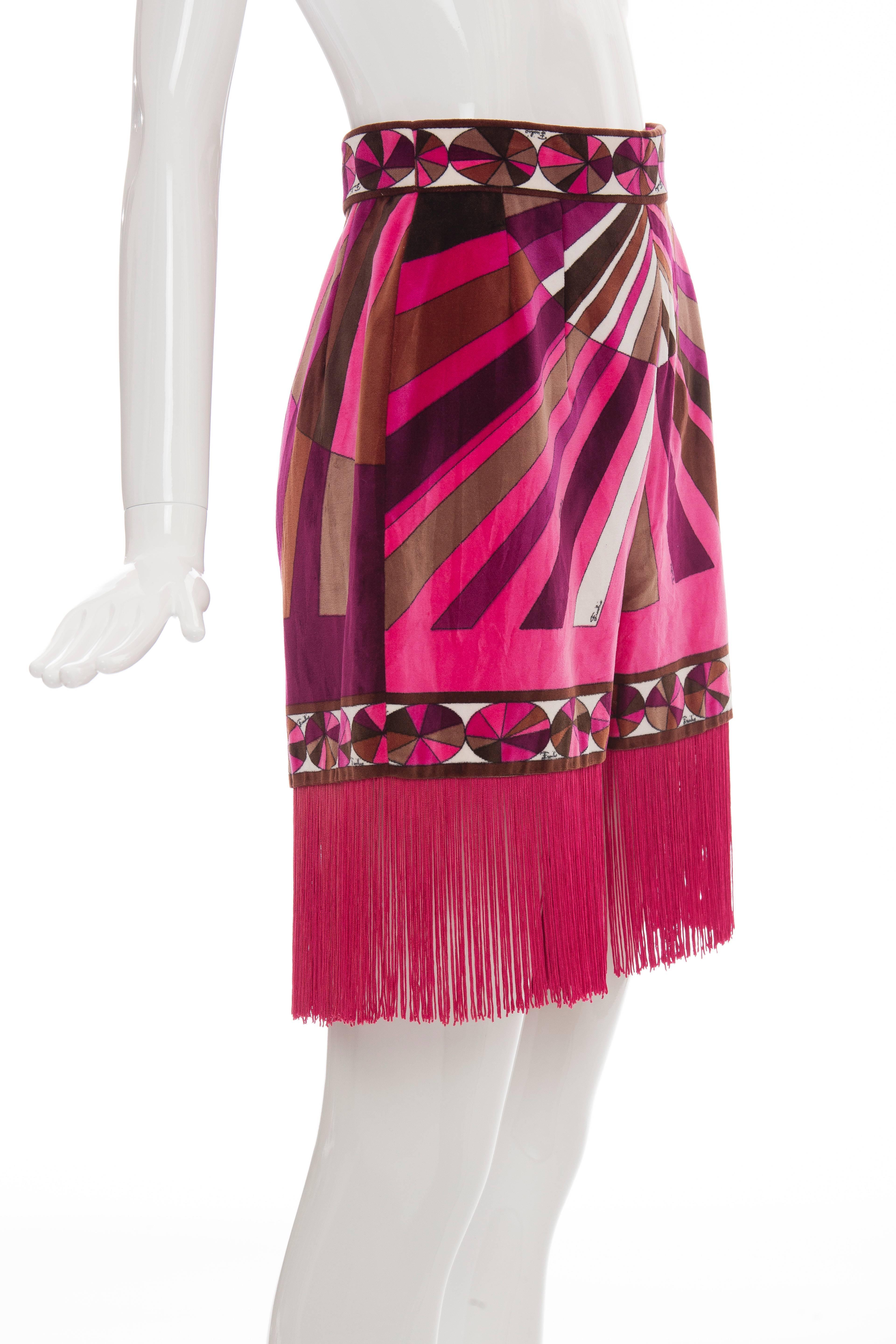 Emilio Pucci Pink Printed Velvet High Waisted Hot Pants Fringe Trim, Circa 1970s In Excellent Condition In Cincinnati, OH