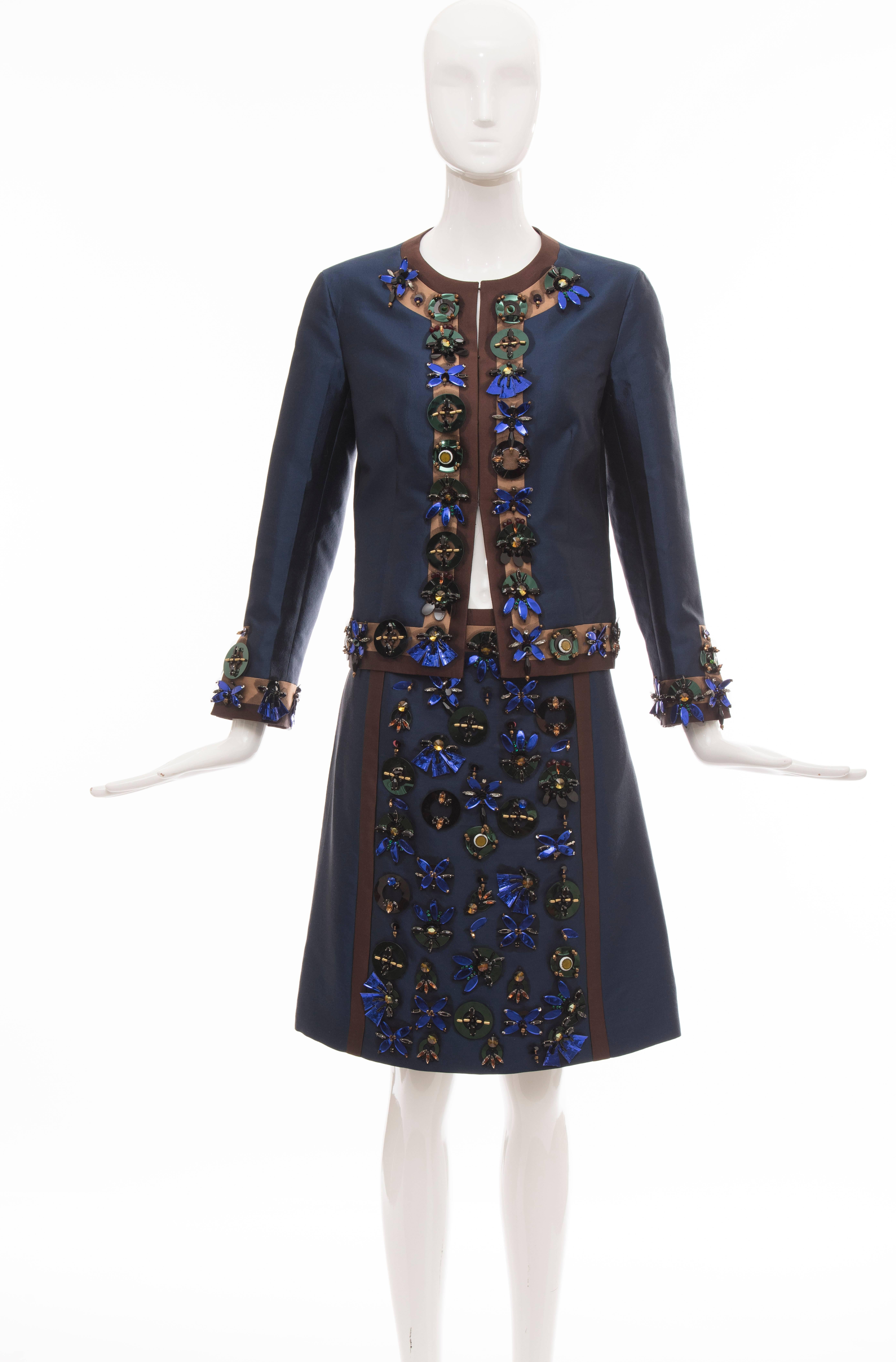 Black Prada Runway Wool Silk Embroidered Skirt-Suit, Spring 2005 For Sale
