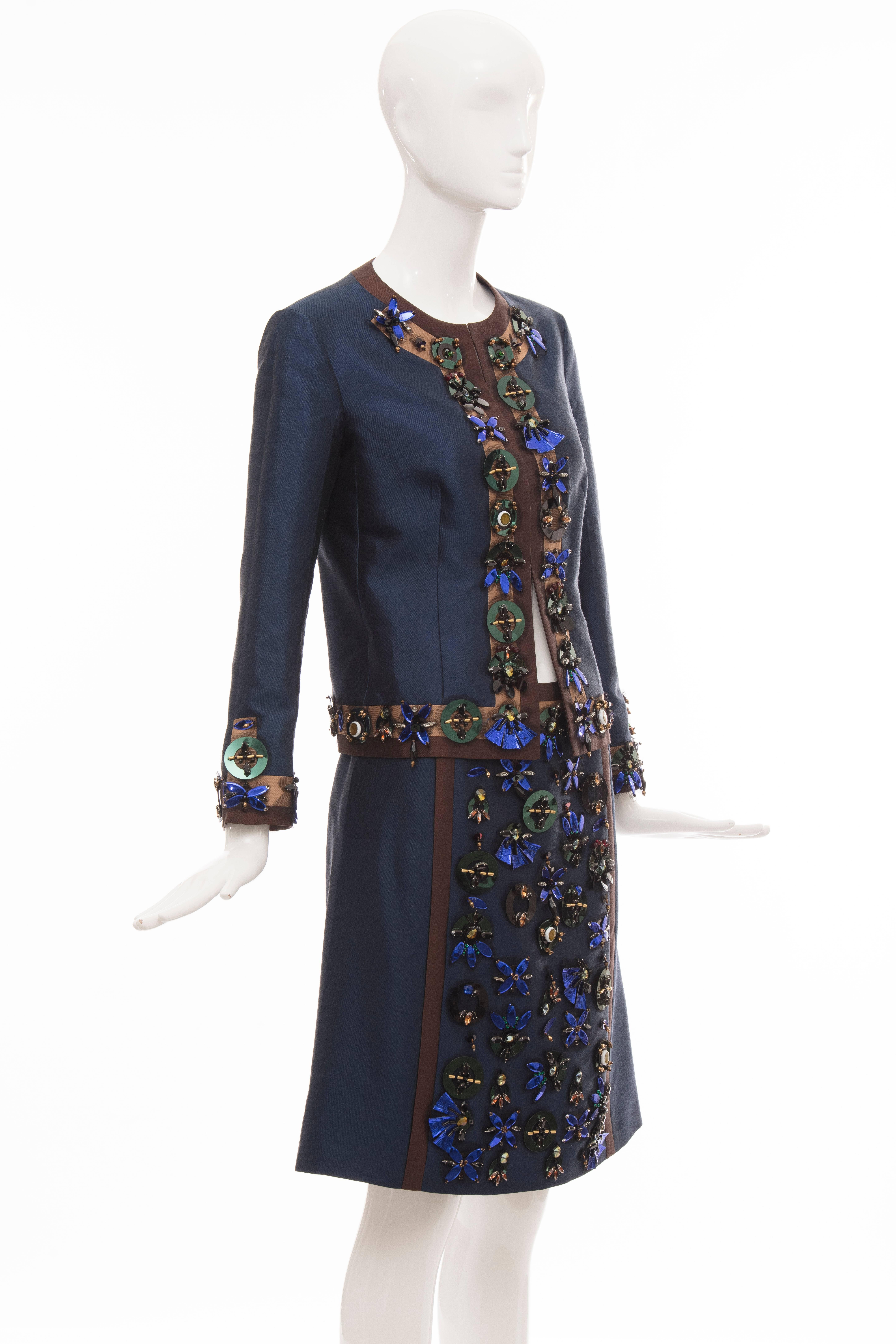 Women's Prada Runway Wool Silk Embroidered Skirt-Suit, Spring 2005 For Sale