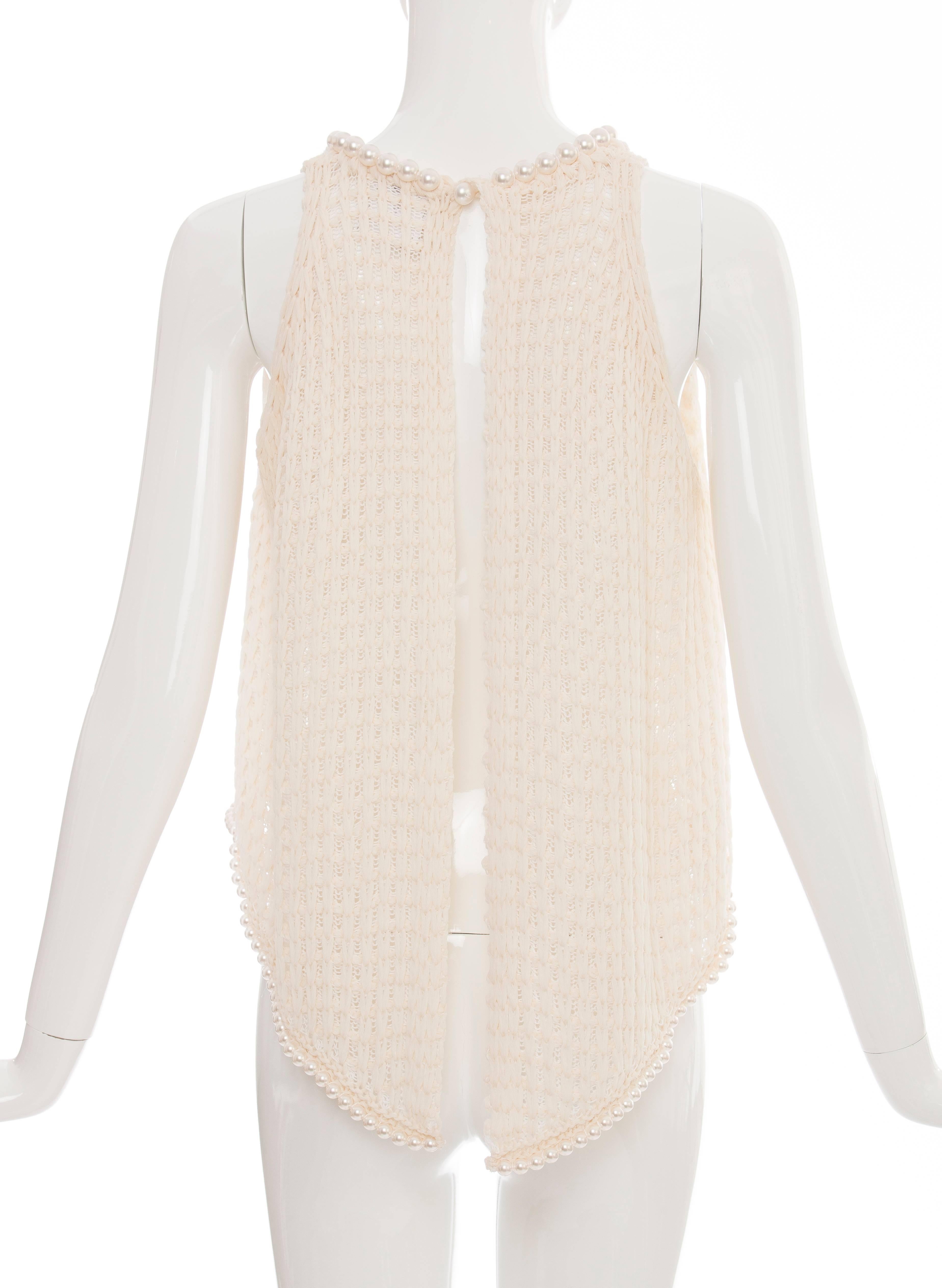 Beige Chanel Cream Silk Blend Open Knit Top With Pearl Embellishments, Spring 2009