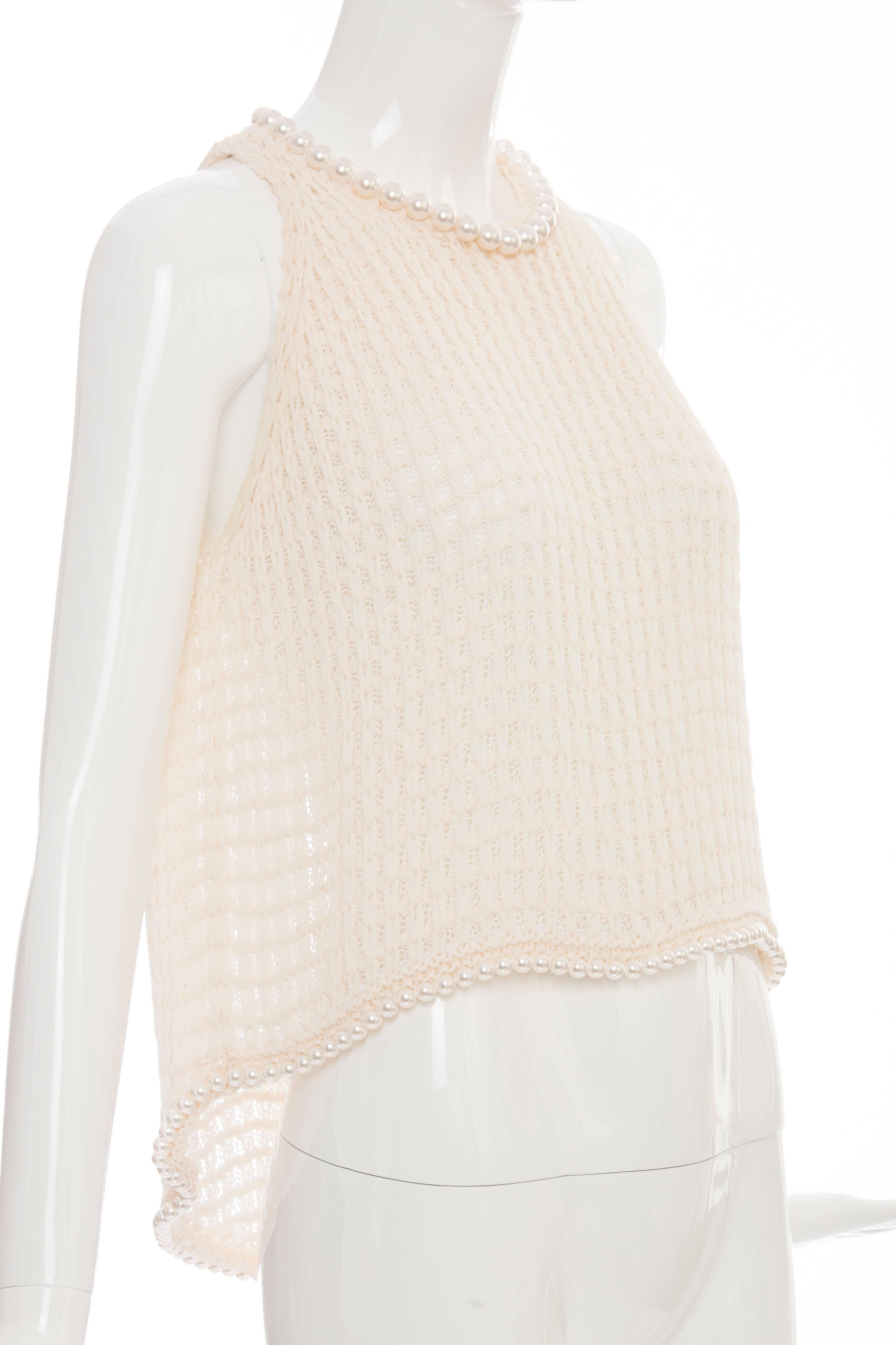 Chanel Cream Silk Blend Open Knit Top With Pearl Embellishments, Spring 2009 In Excellent Condition In Cincinnati, OH