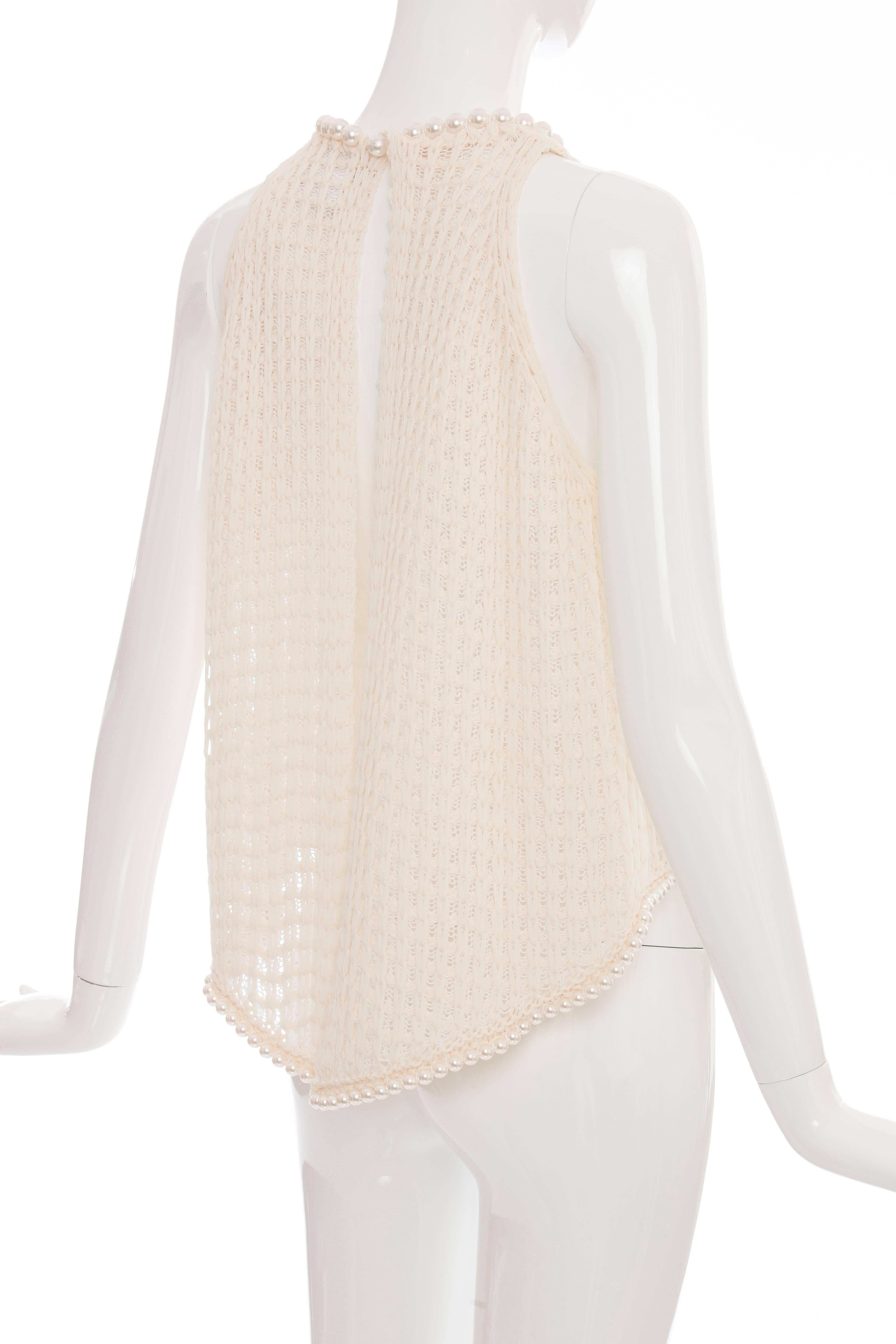 Women's Chanel Cream Silk Blend Open Knit Top With Pearl Embellishments, Spring 2009