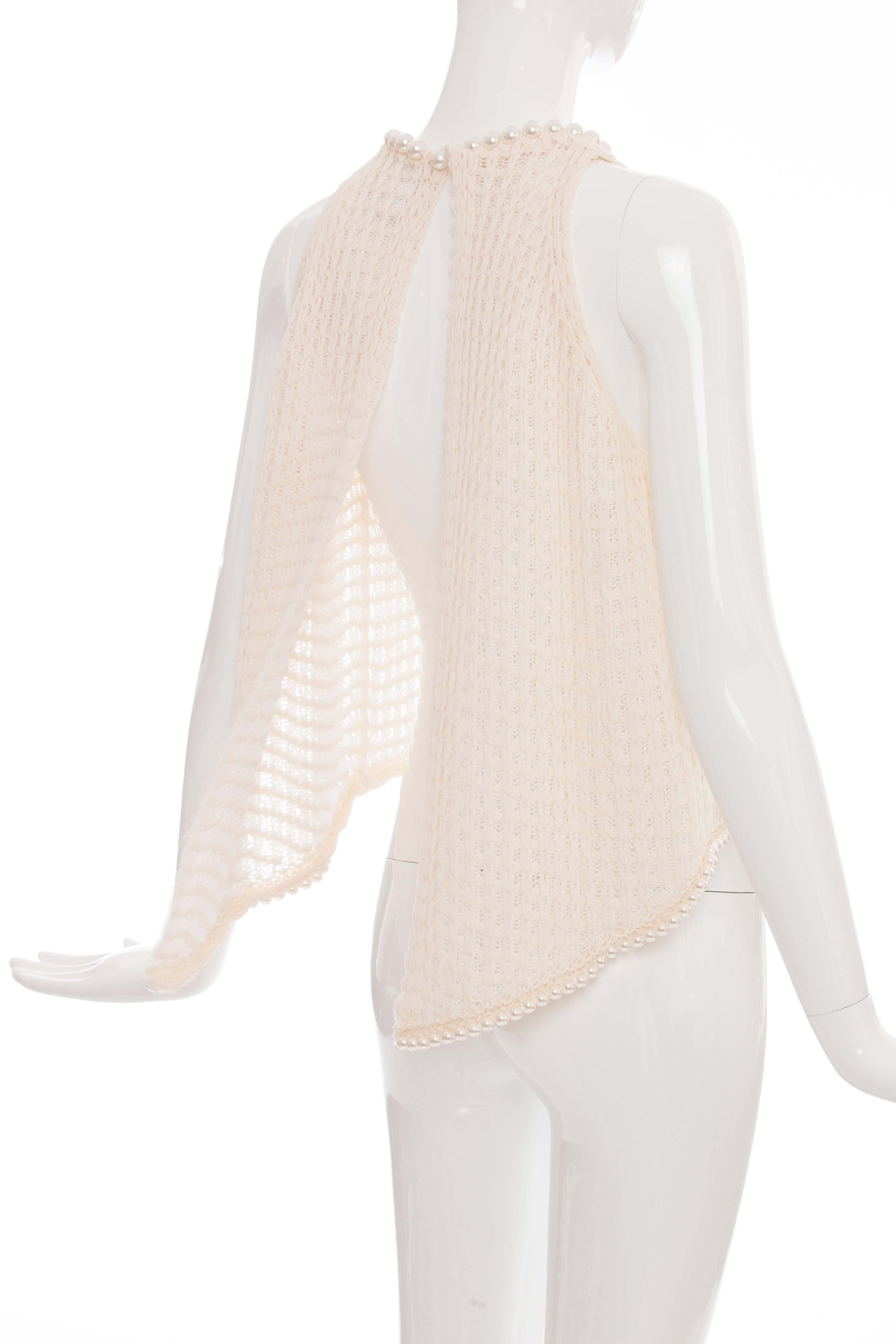 Chanel Cream Silk Blend Open Knit Top With Pearl Embellishments, Spring 2009 2