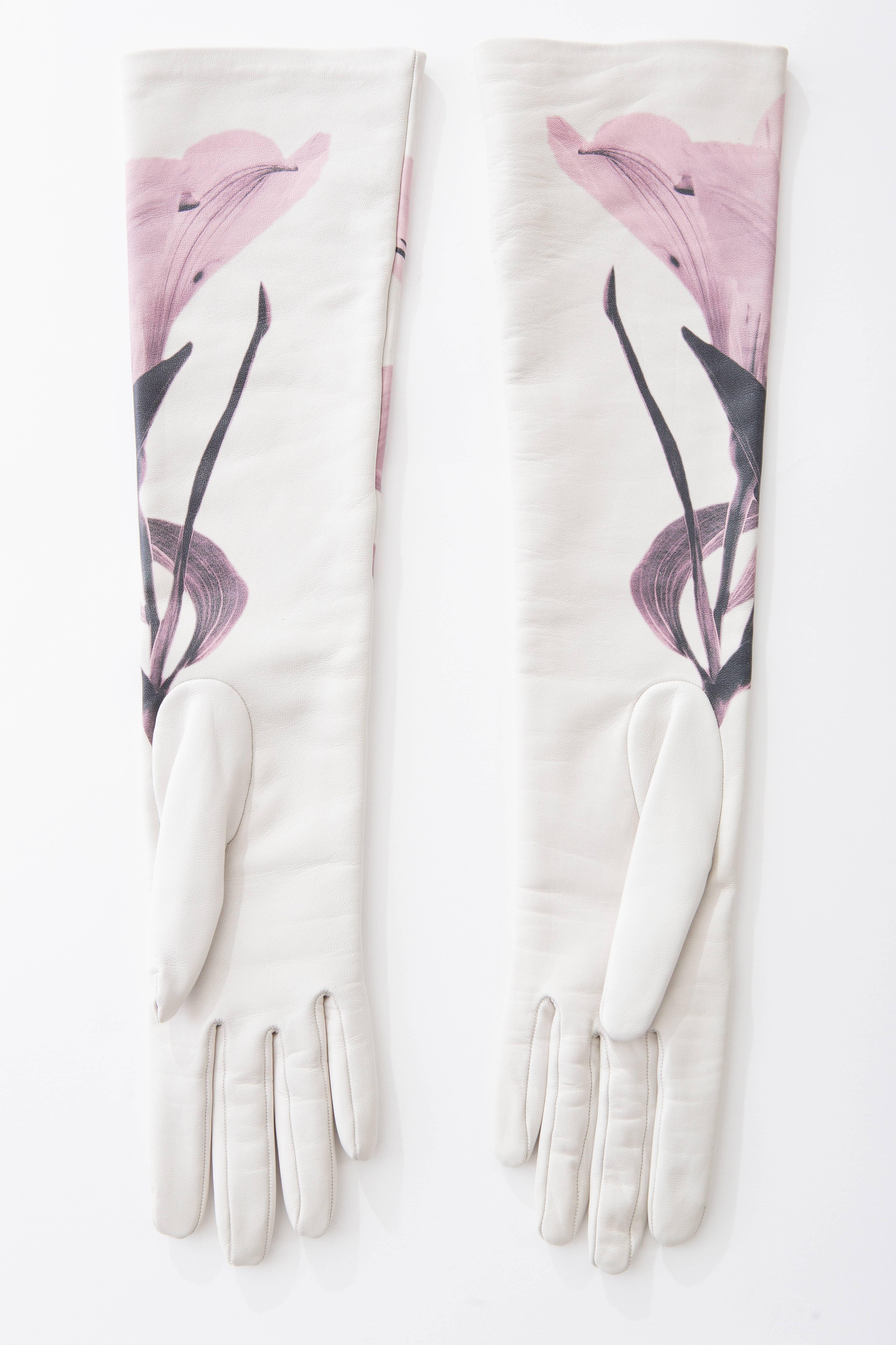 Gray  Raf Simons Christian Dior Ivory Printed Leather Gloves, Pre - Fall 2014