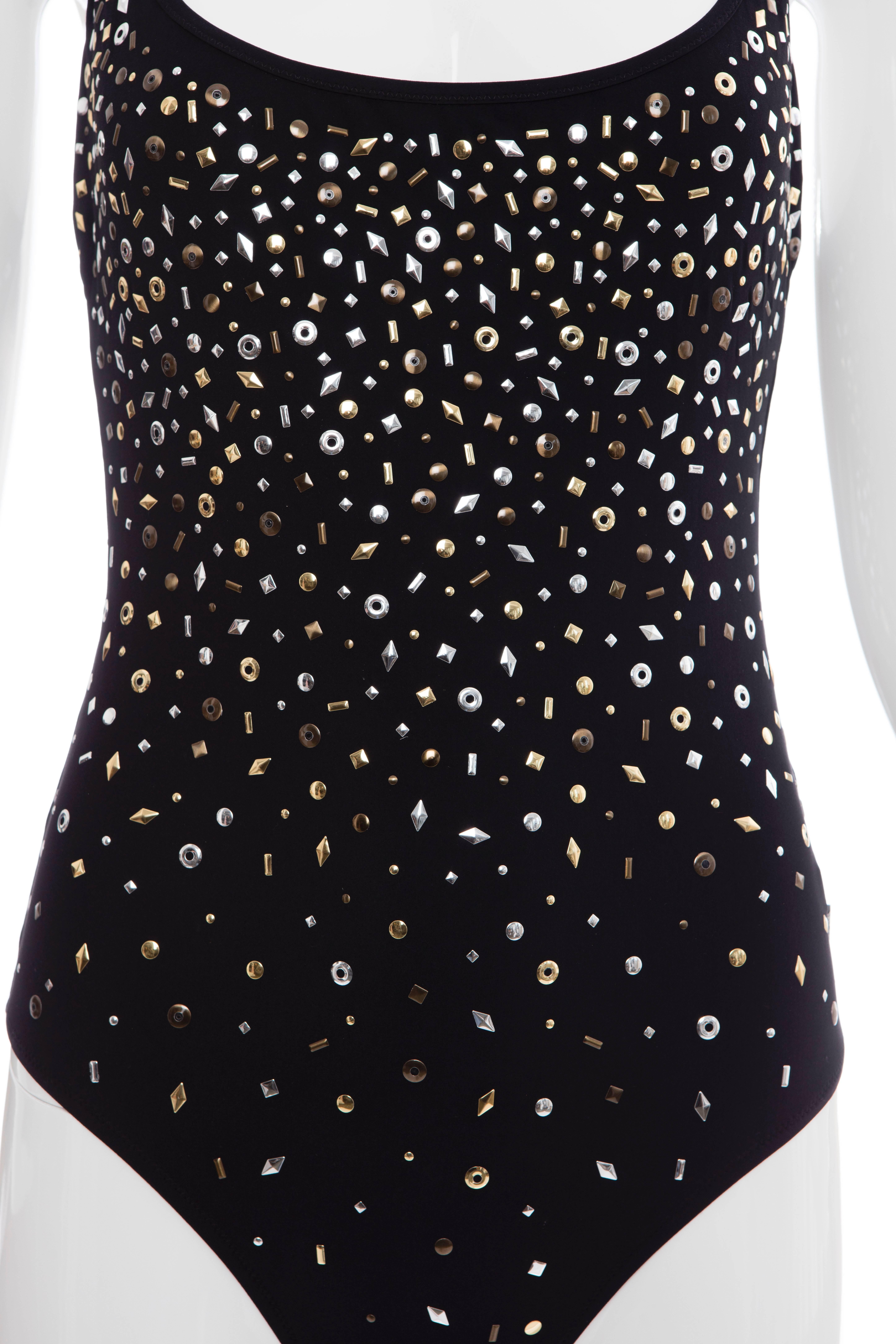 Moschino Black Nylon Spandex Bodysuit With Gold And Silver Embellishments In New Condition For Sale In Cincinnati, OH