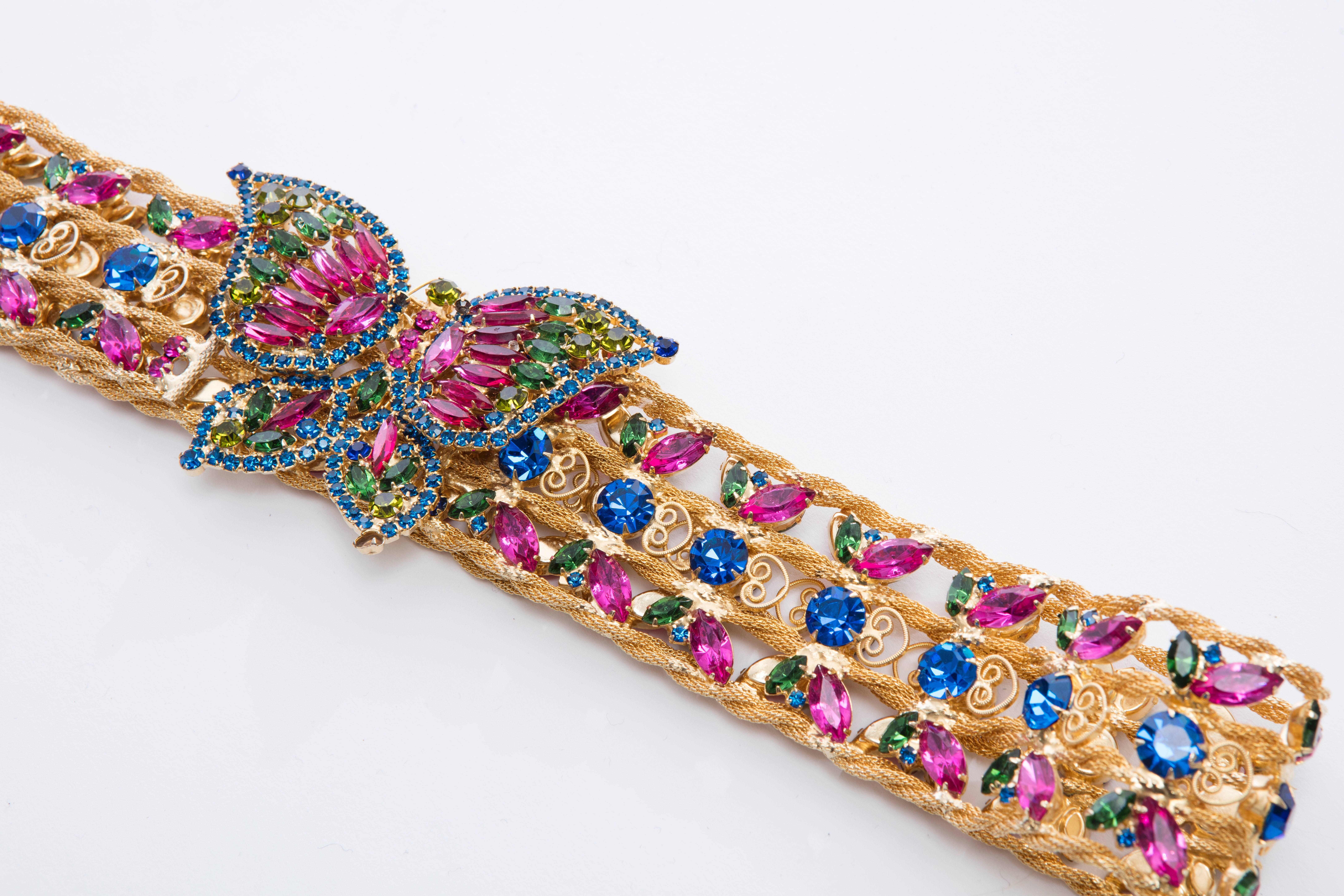 Kenneth Jay Lane, circa 1960's vintage butterfly buckle with gold-tone woven jeweled belt made of swarovski crystals and stamped K.J.L.

3.0