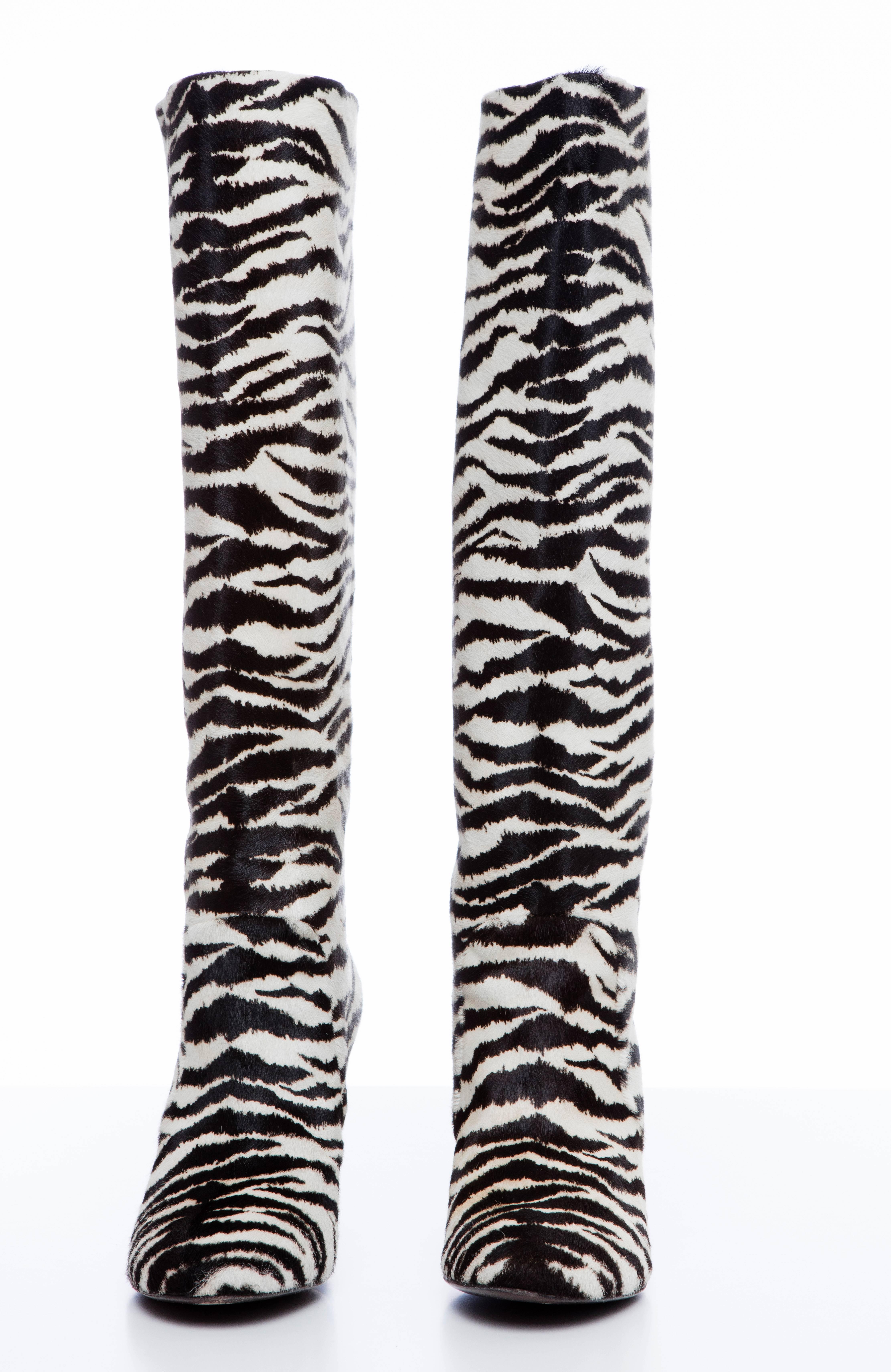 Gray Lanvin Runway Zebra Print Boots Black Jeweled Resin Heels,  Pre-Fall 2010