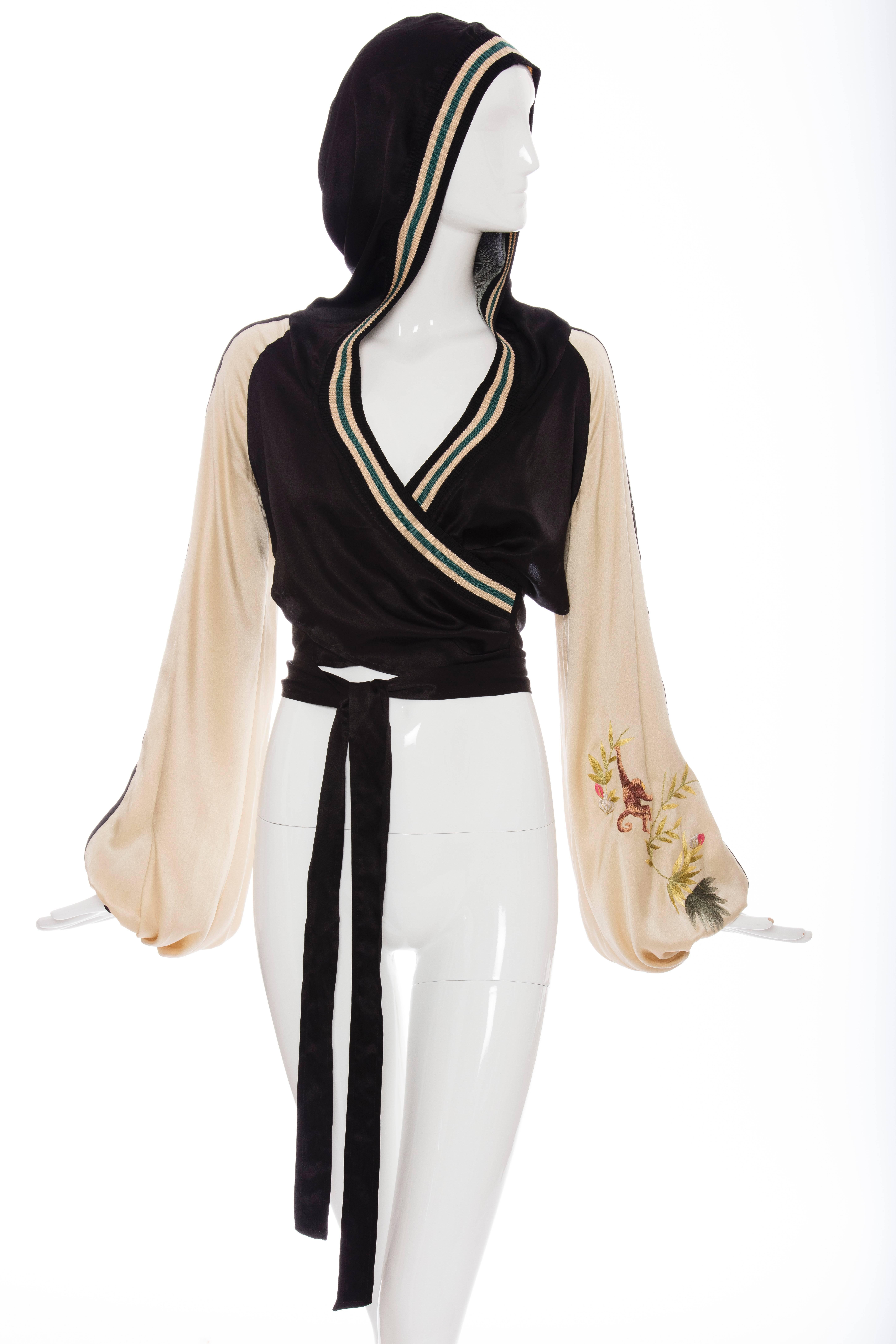 Jean Paul Gaultier, Spring 2007 silk long sleeve bolero with open front featuring sash tie panel, embroidered detail at sleeve, hood at back,