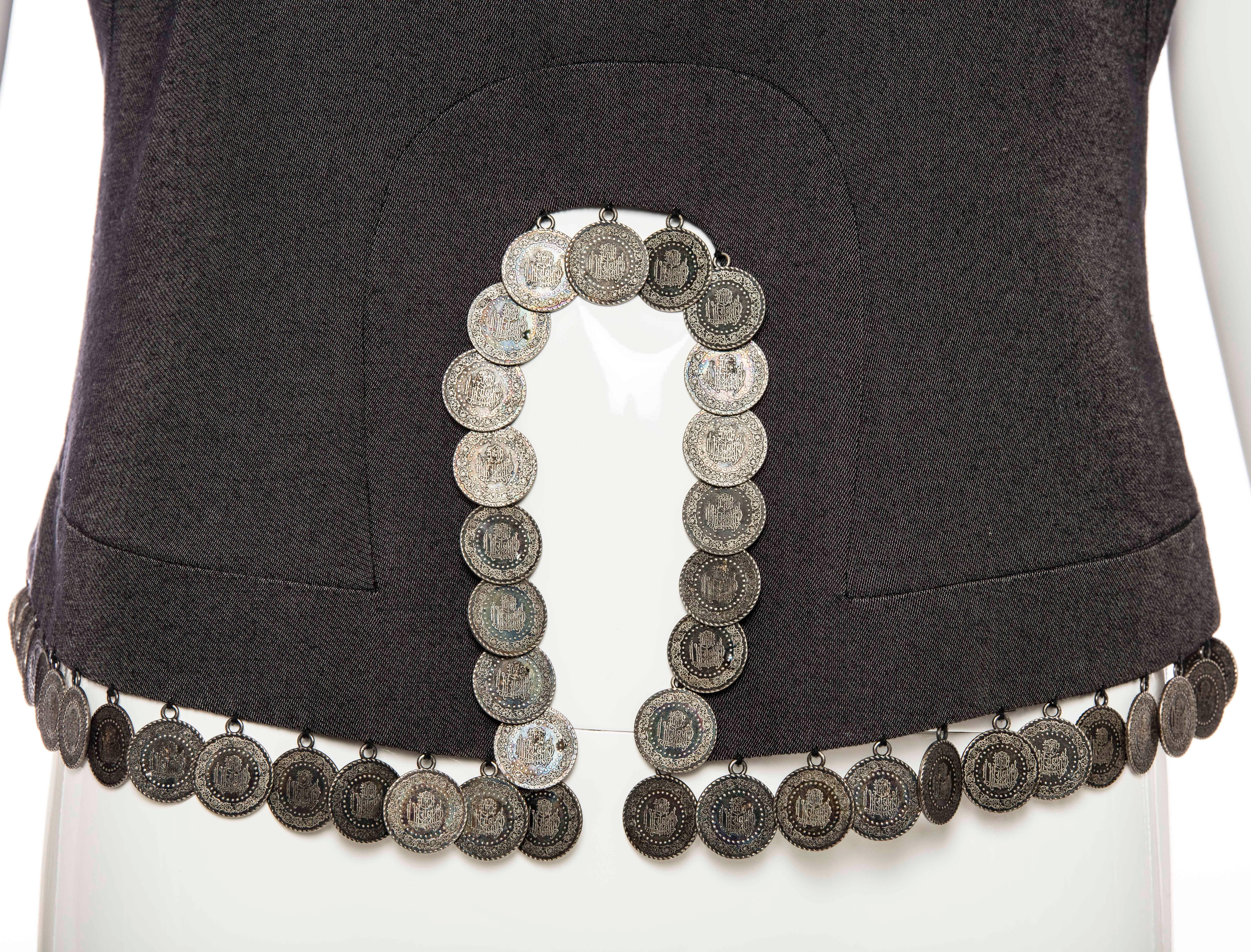 Women's Alexander McQueen Runway Grey Wool Sleeveless Top Appliquéd Coins, Spring 2000 For Sale