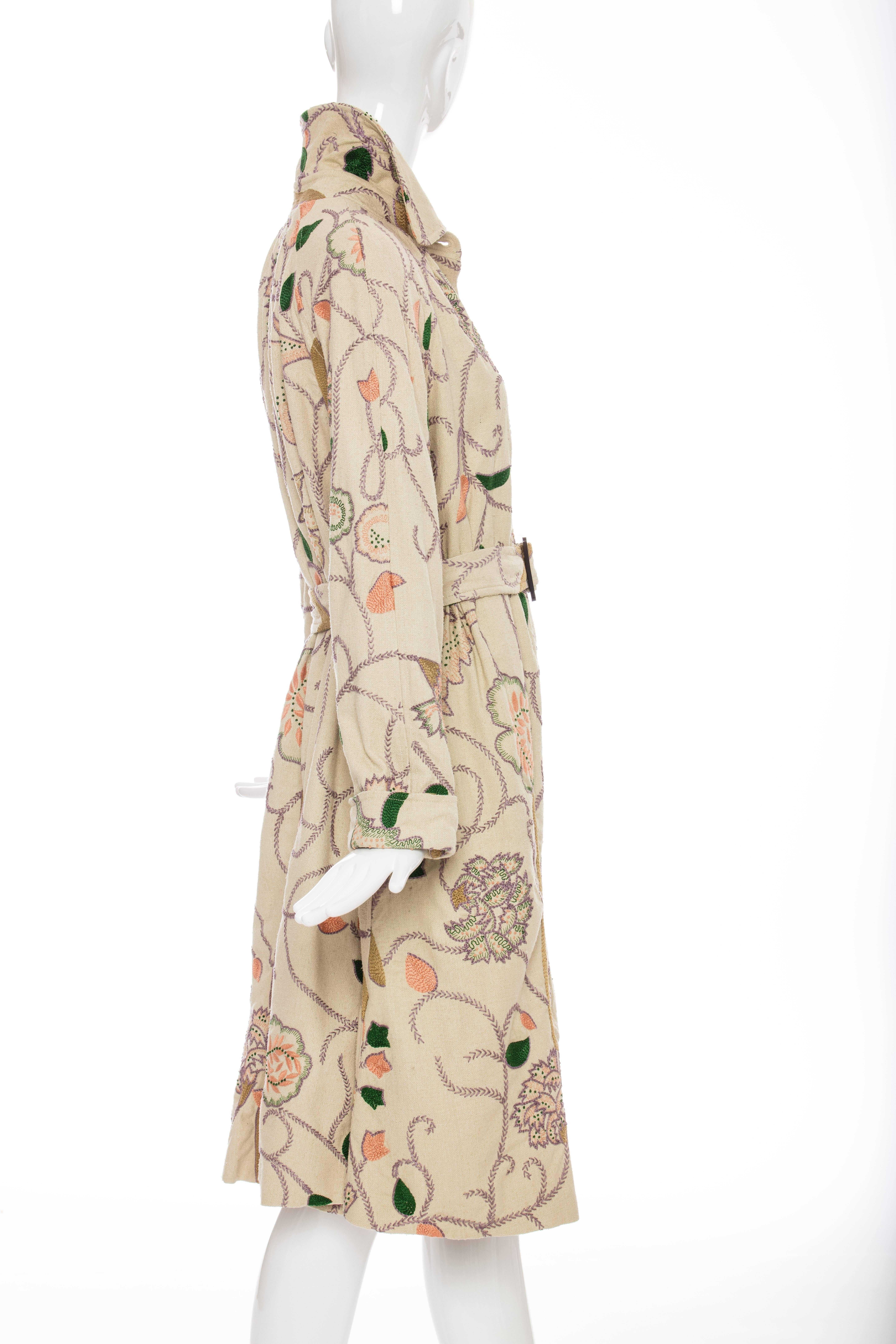 Women's Dries Van Noten Cotton Embroidery On Linen Coat Silk Lined, Spring - Summer 2005