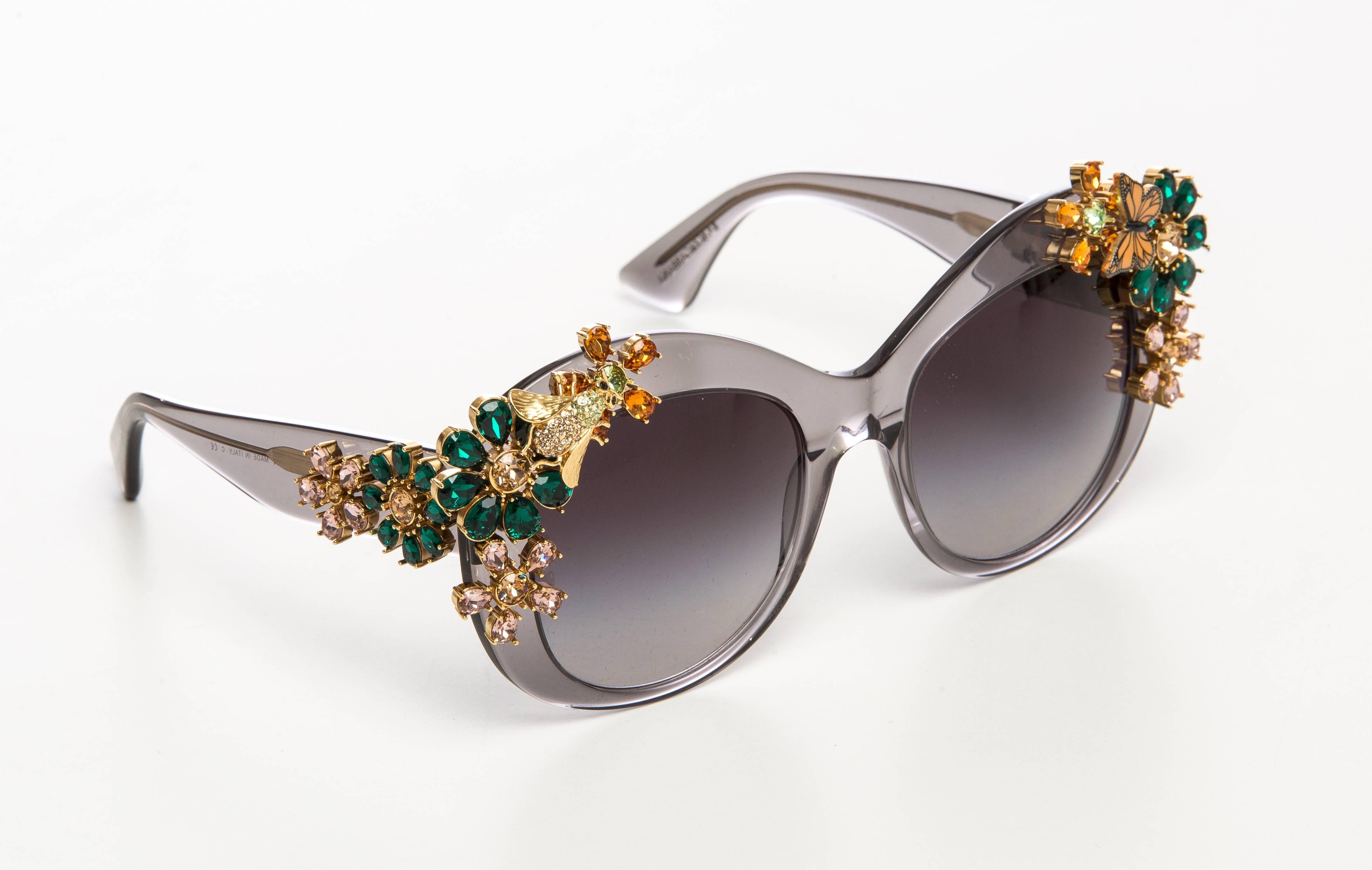  Dolce & Gabbana, Spring-Summer 2015 limited edition grey oversize handmade Enchanted Beauties collection sunglasses with gold-tone hardware, Swarovski crystal floral garden embellishments at frames, grey gradient lenses and logo at arms.