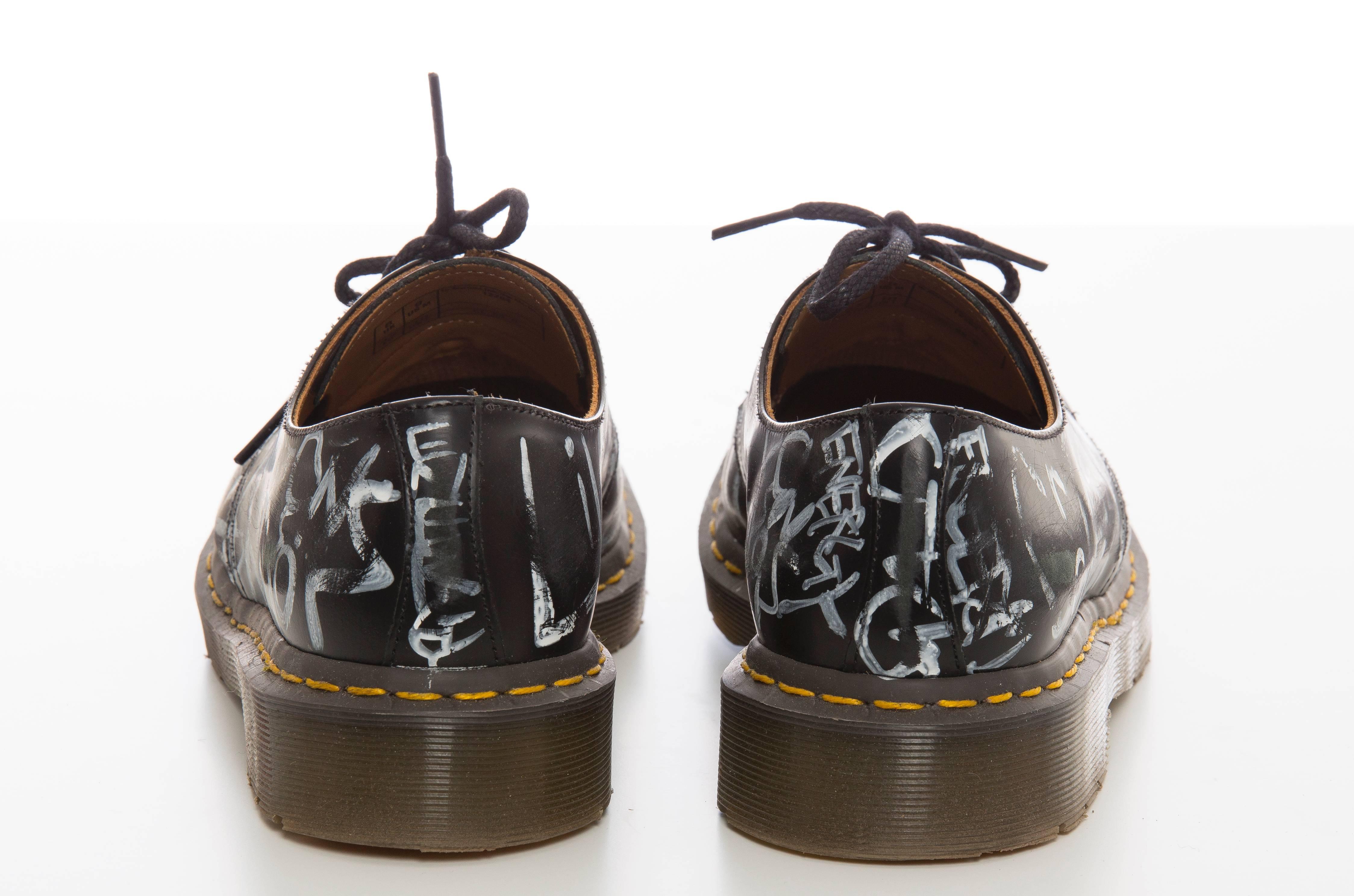 Black Comme des Garcons By Dr. Martens Men's Leather Graffiti Print Derby Shoes