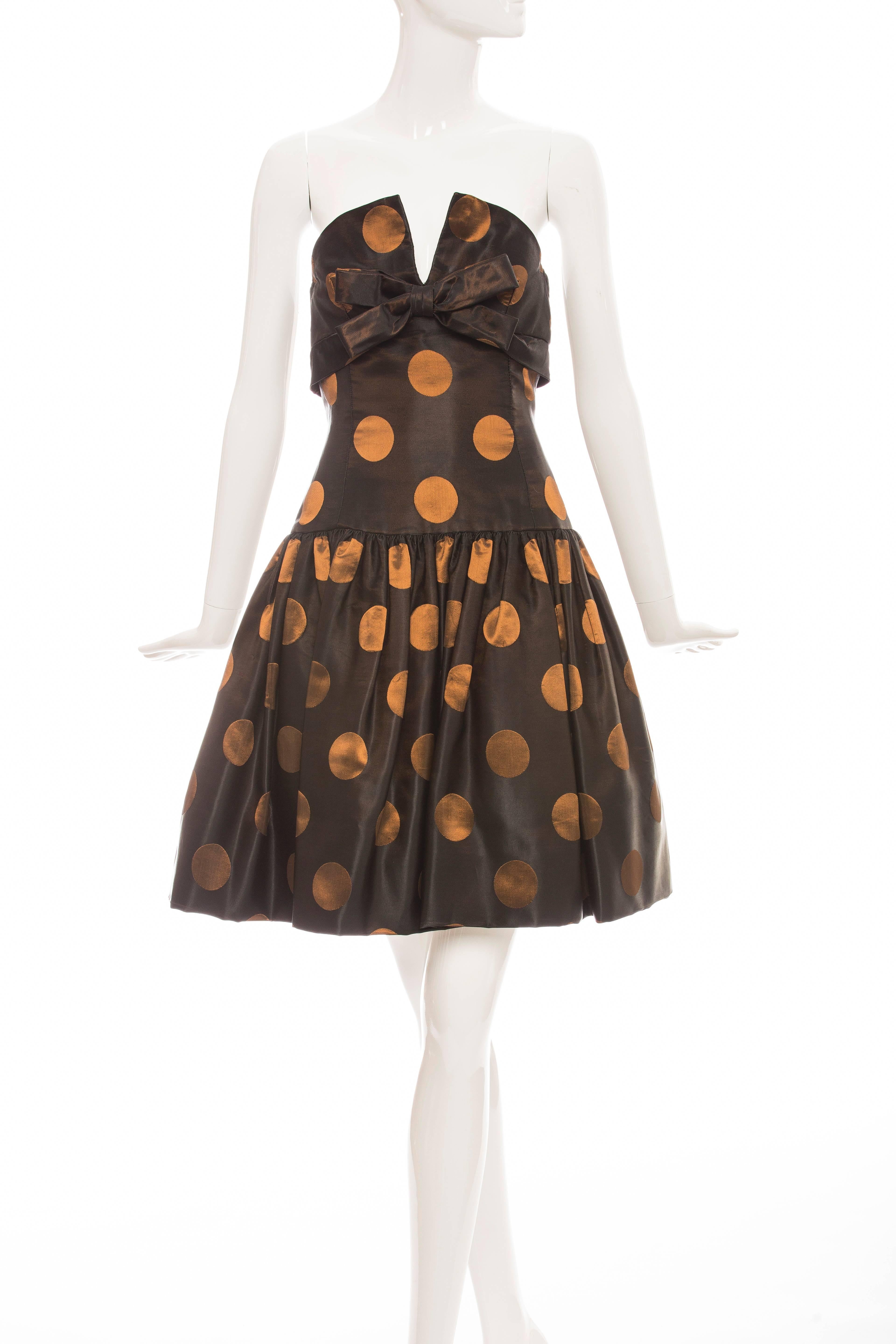 Victor Costa, circa 1980's, strapless black with copper polka dots taffeta party dress, back zip and fully lined.
