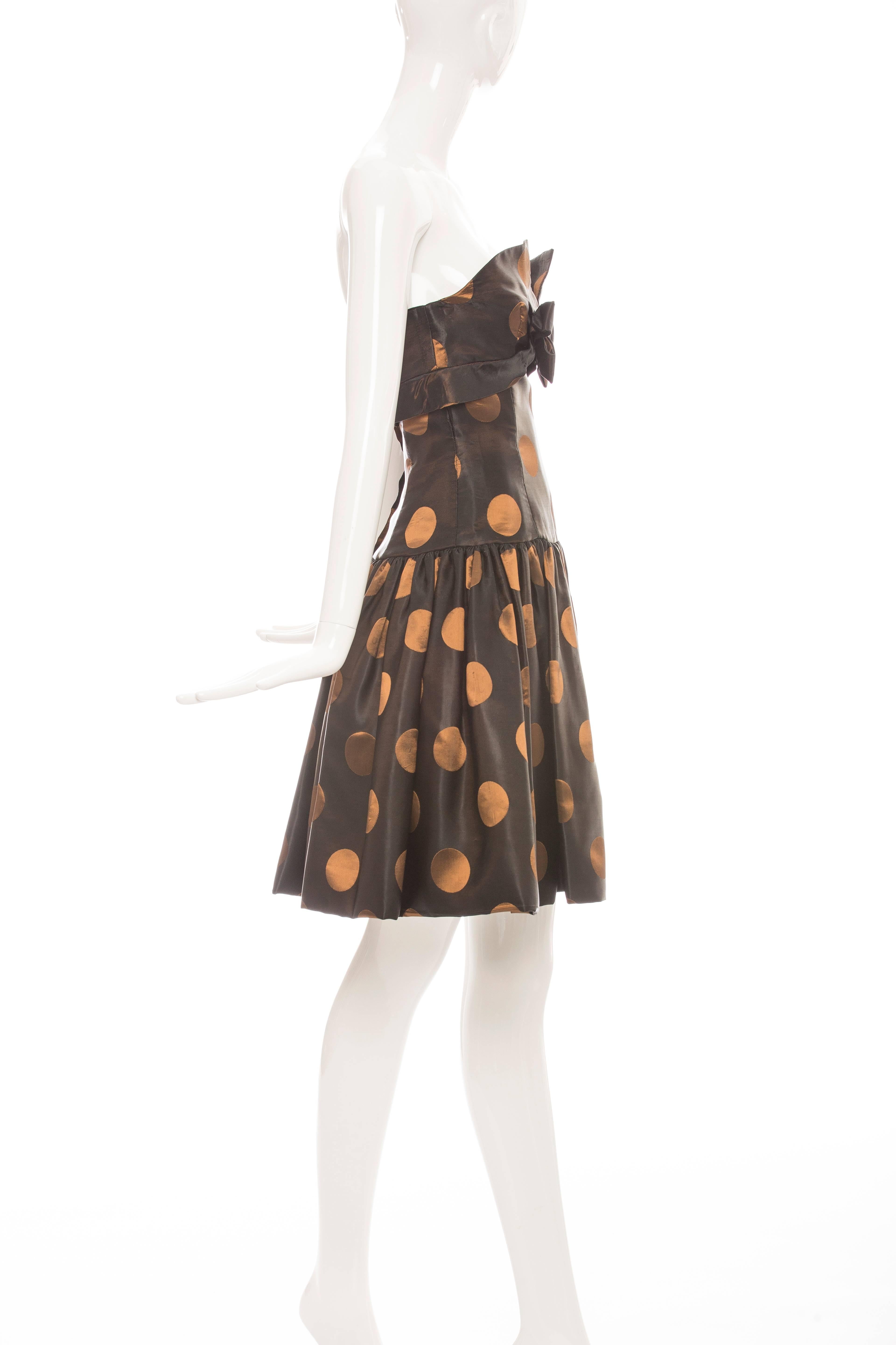 Victor Costa Strapless Black Copper Polka Dot Taffeta Party Dress, Circa 1980's In Excellent Condition For Sale In Cincinnati, OH