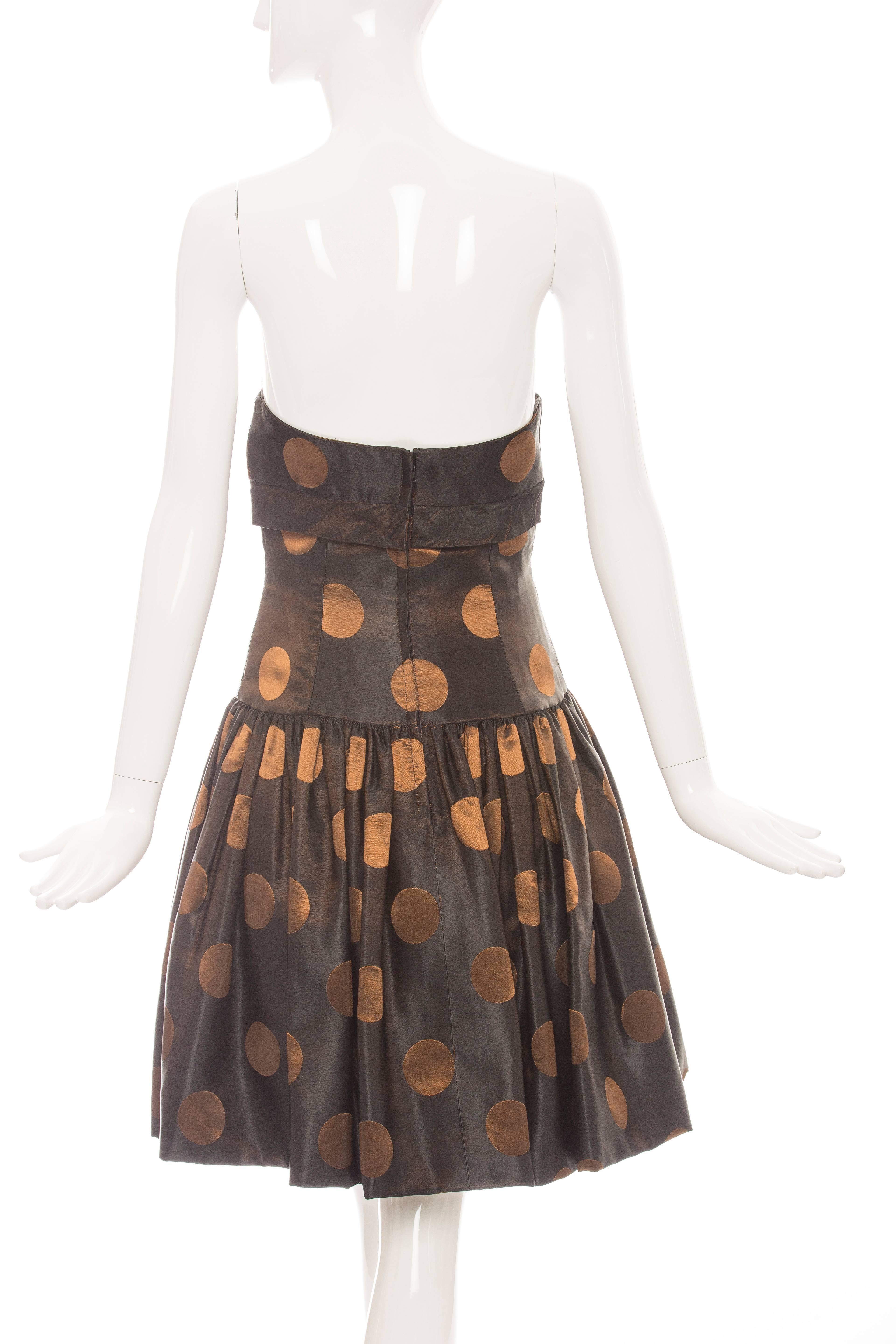 Women's Victor Costa Strapless Black Copper Polka Dot Taffeta Party Dress, Circa 1980's For Sale