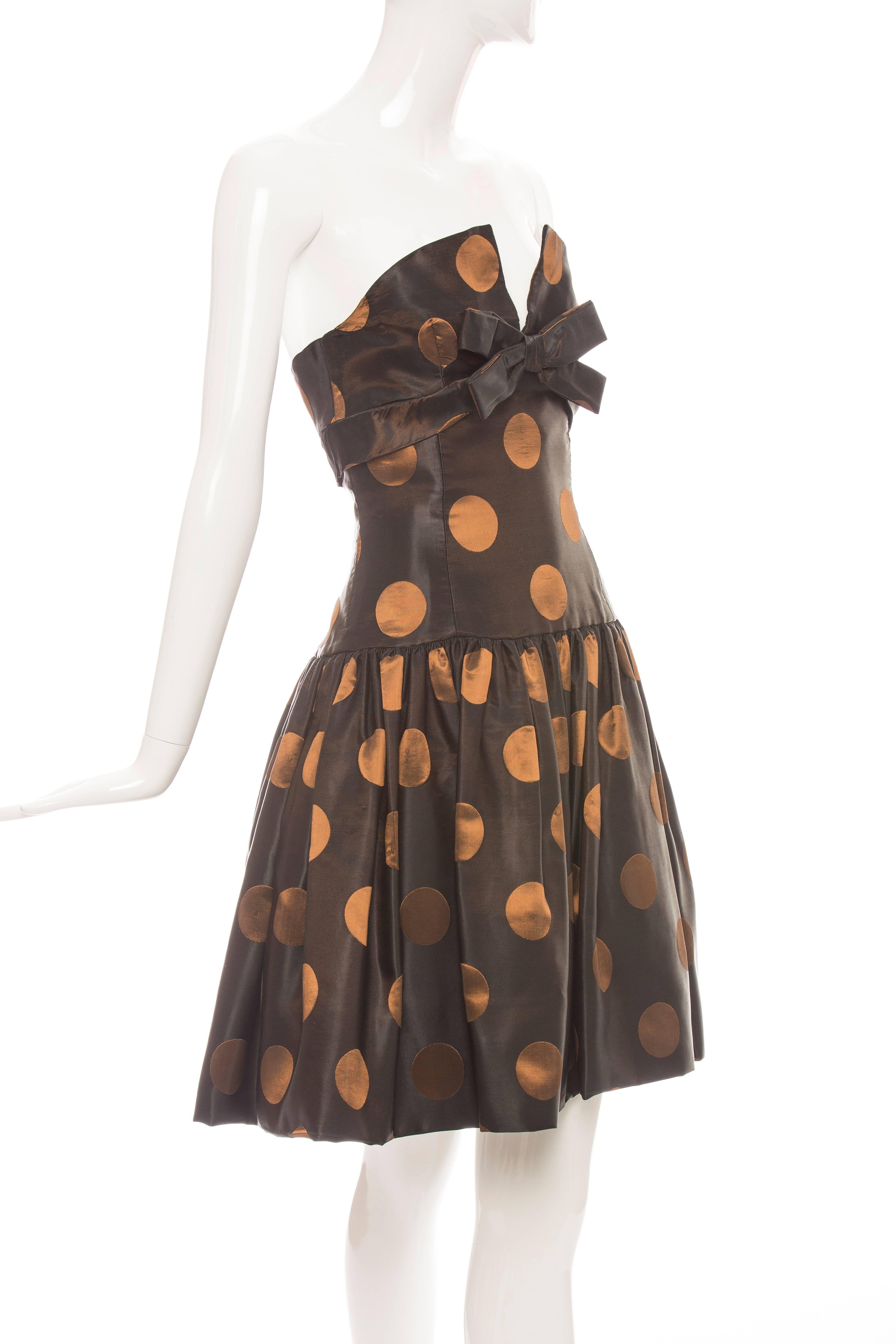 Victor Costa Strapless Black Copper Polka Dot Taffeta Party Dress, Circa 1980's For Sale 1