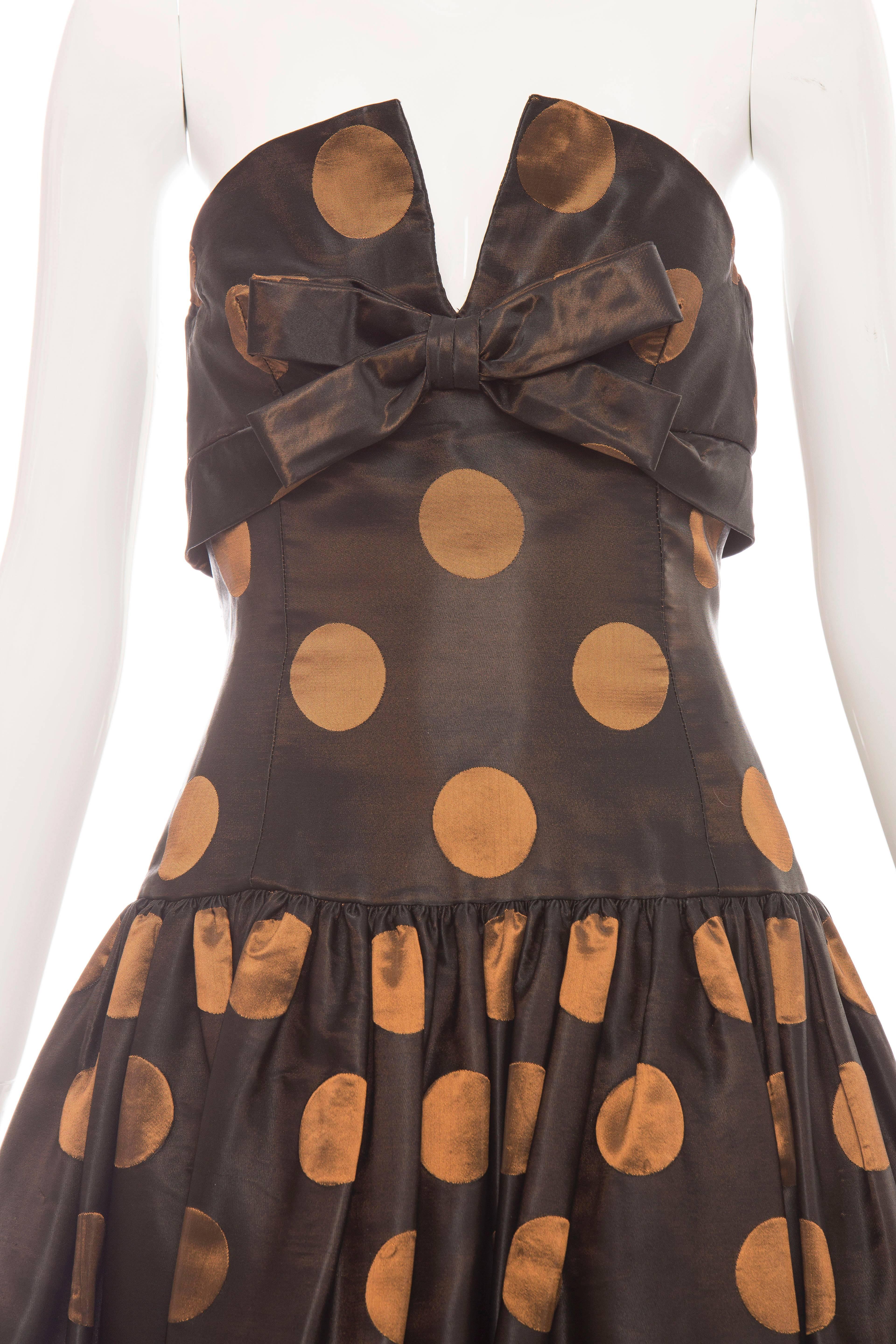 Victor Costa Strapless Black Copper Polka Dot Taffeta Party Dress, Circa 1980's For Sale 2