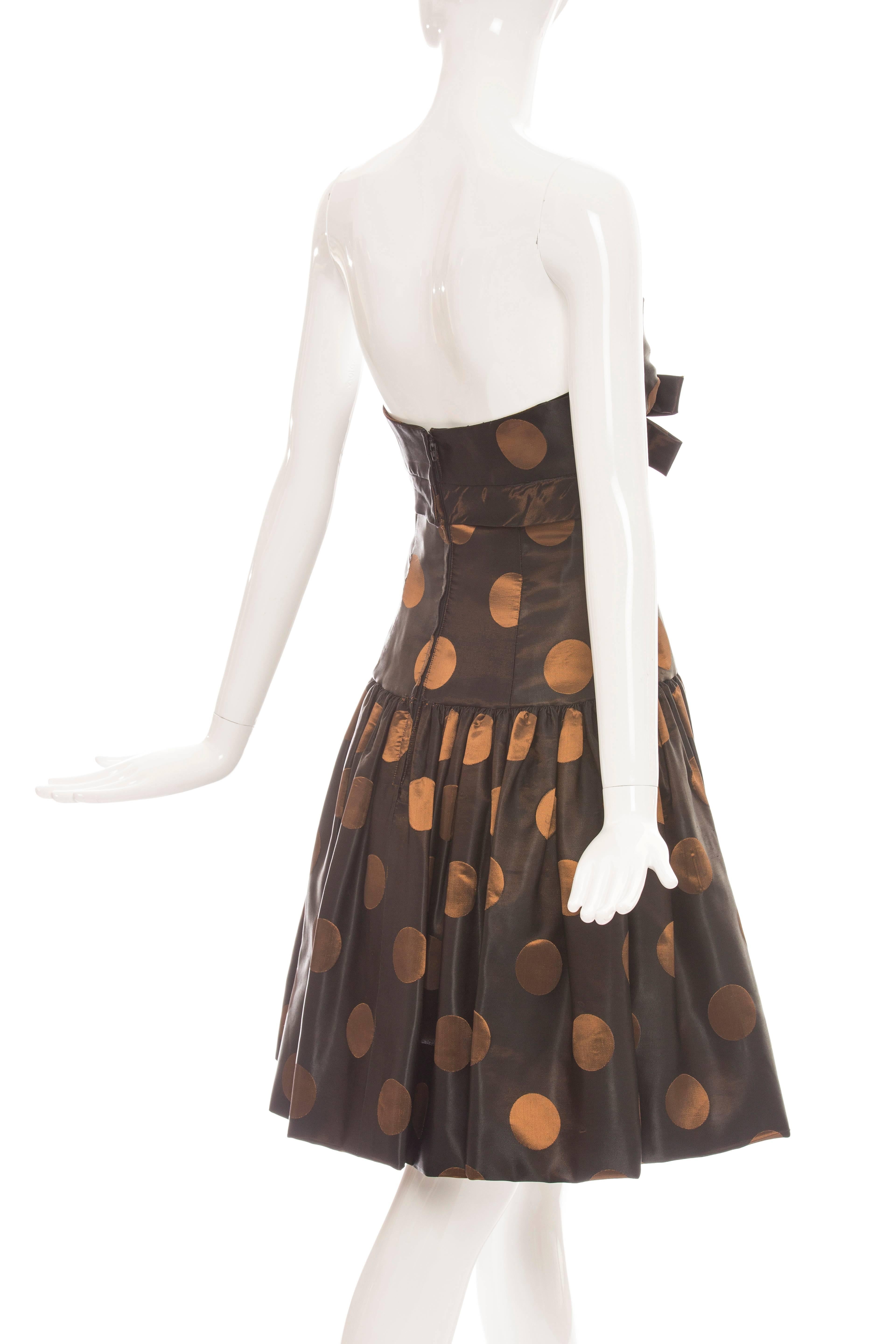 Victor Costa Strapless Black Copper Polka Dot Taffeta Party Dress, Circa 1980's For Sale 3