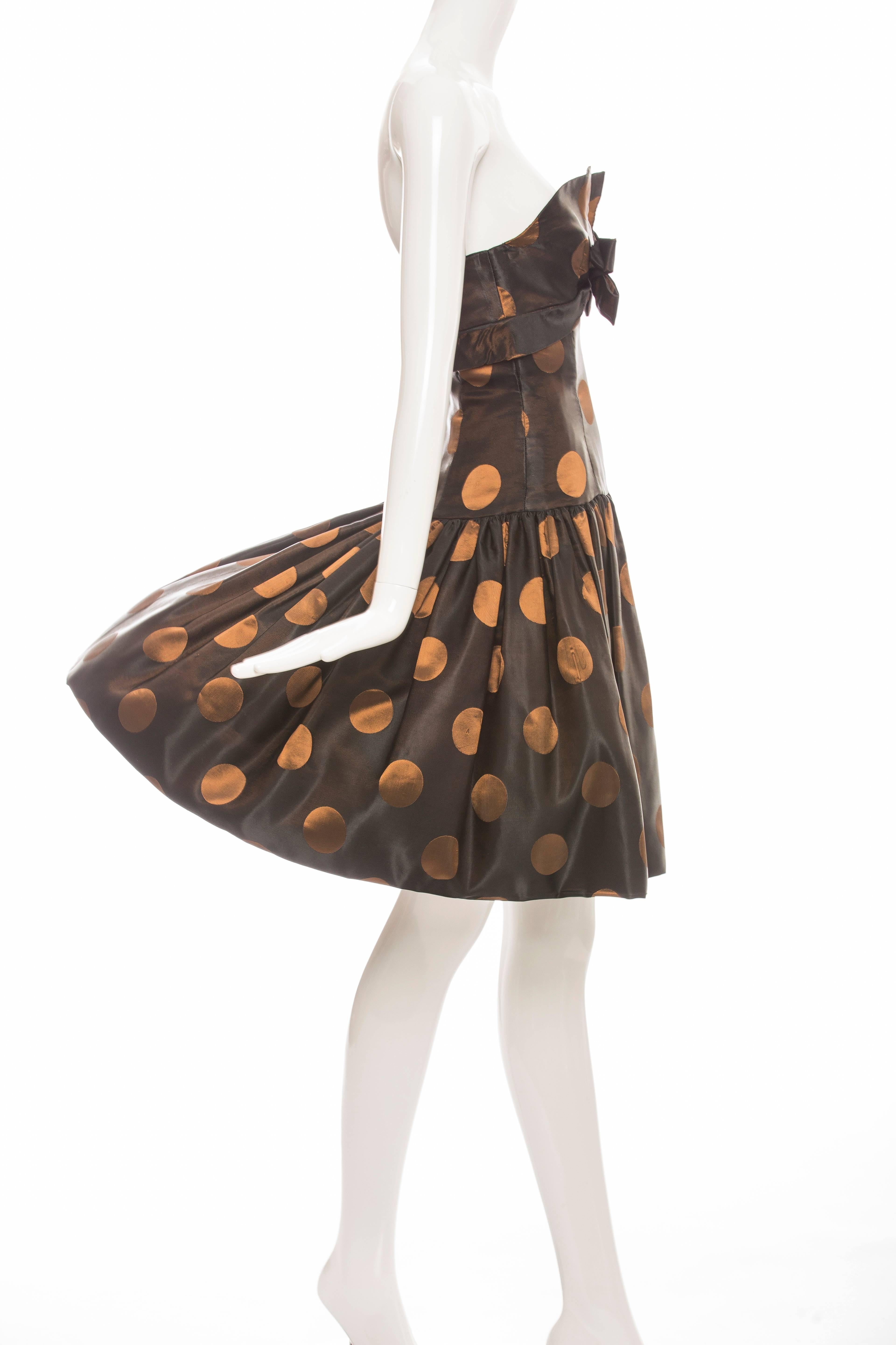 Victor Costa Strapless Black Copper Polka Dot Taffeta Party Dress, Circa 1980's For Sale 4