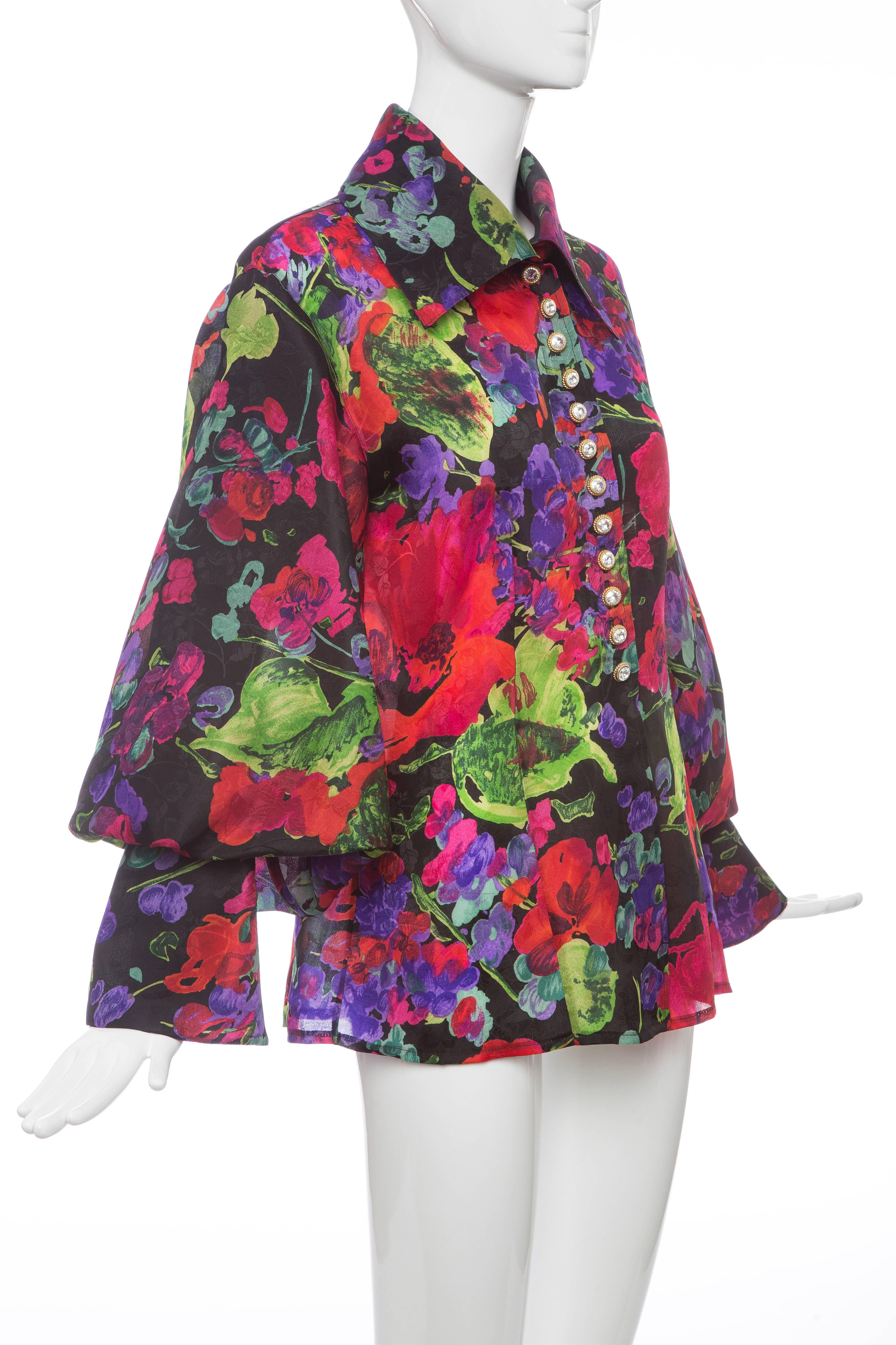 Naeem Khan Riazee Silk Faille Floral Blouse, Circa 1980s In Excellent Condition For Sale In Cincinnati, OH