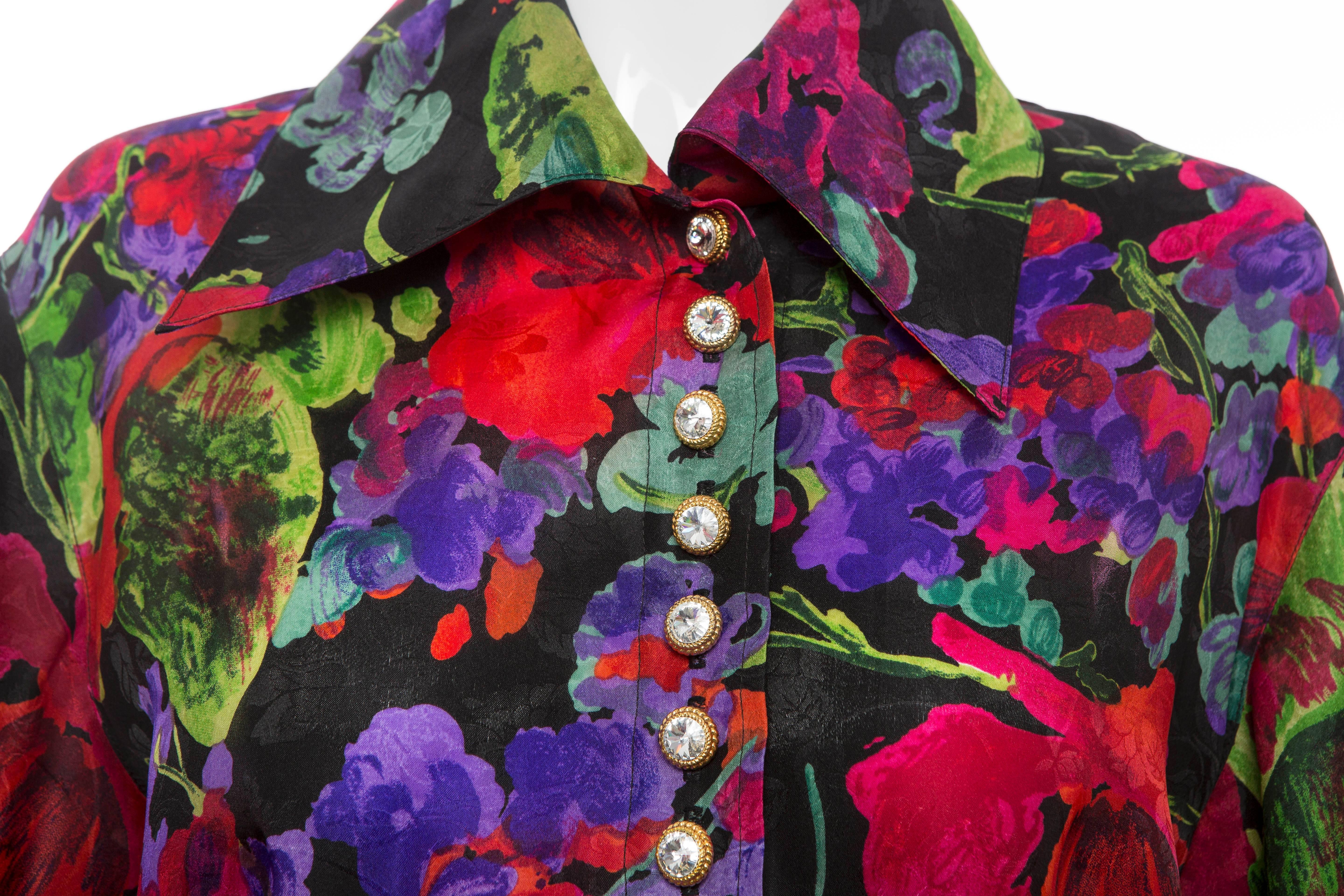 Women's Naeem Khan Riazee Silk Faille Floral Blouse, Circa 1980s For Sale