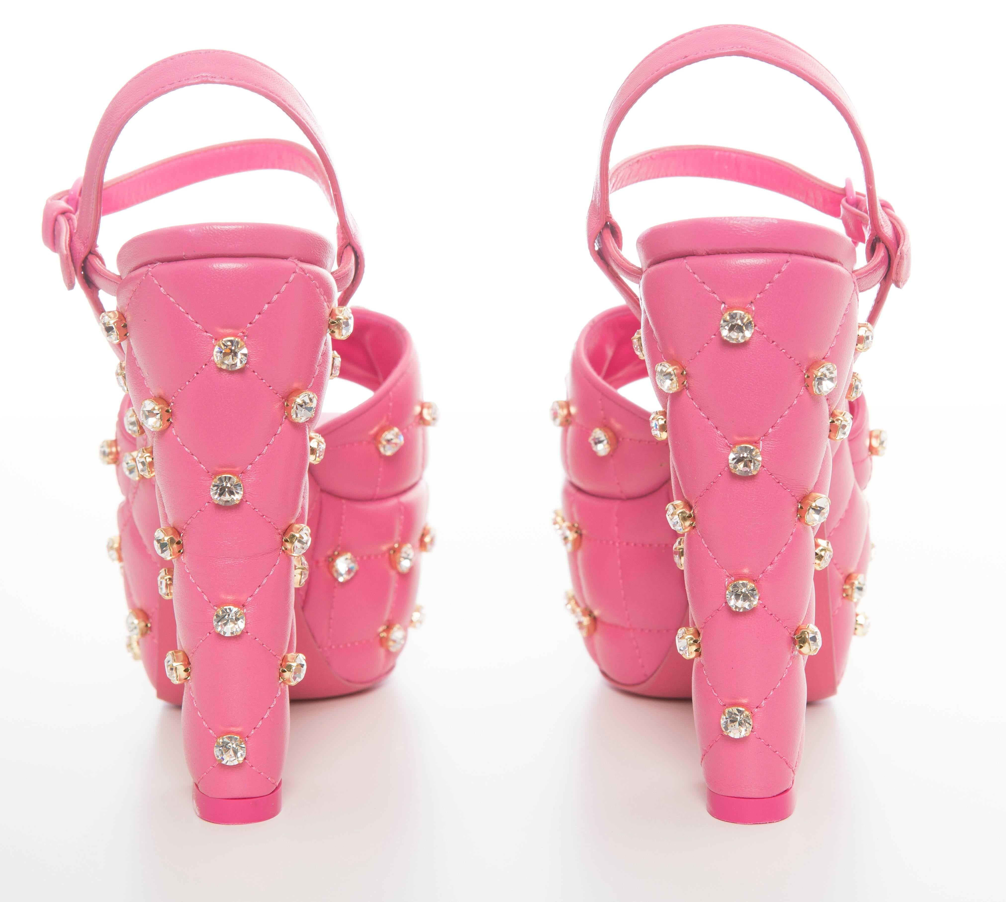 Women's Moschino Couture Pink Quilted Leather Crystal Platform Sandals, Spring 2015
