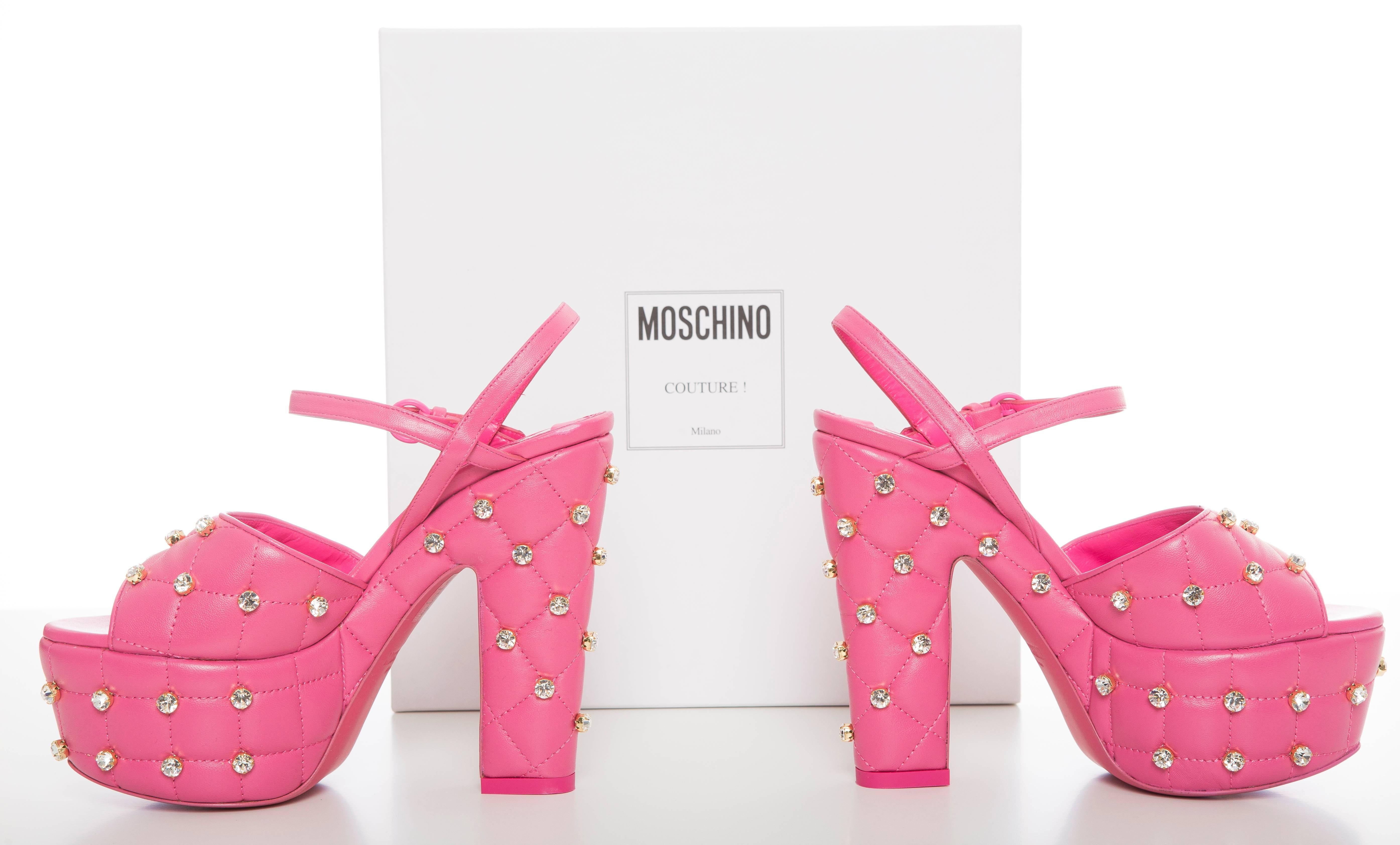 Moschino Couture Pink Quilted Leather Crystal Platform Sandals, Spring 2015 3