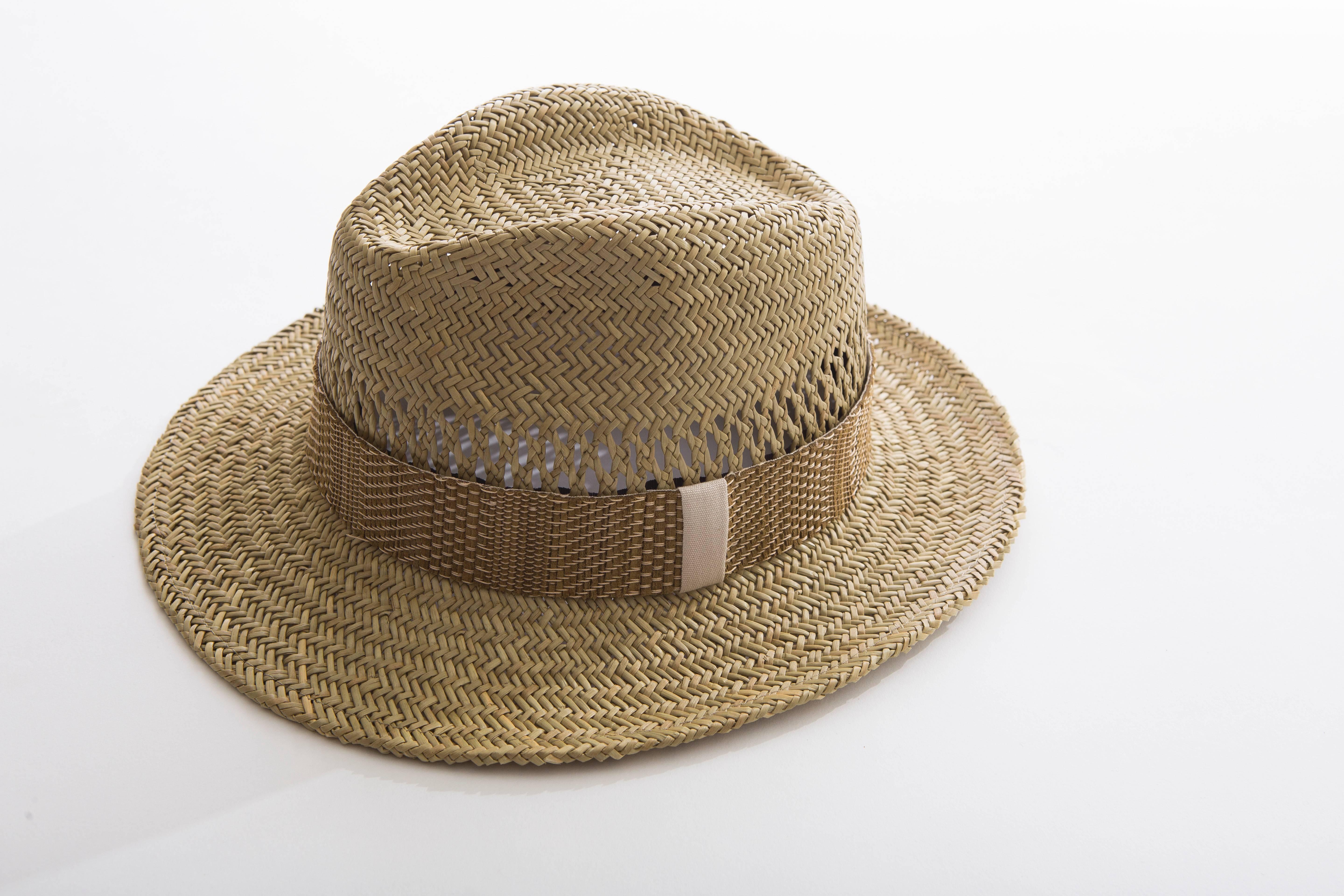 Brown Lanvin Men's Open Weave Straw Brimmed Hat Includes Hat Box