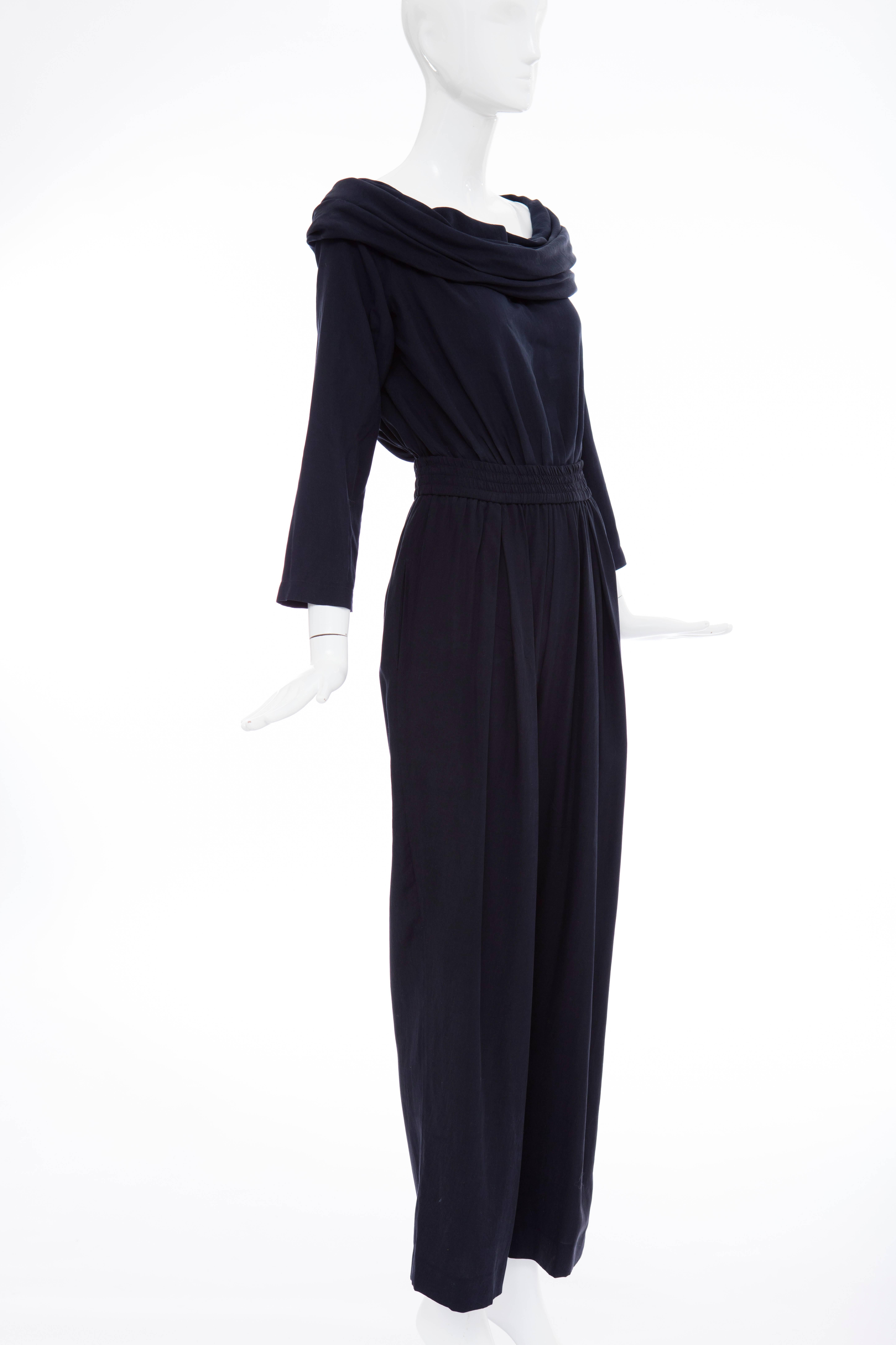 Donna Karan Silk Navy Blue Off The Shoulder Pant Suit, Circa 1980