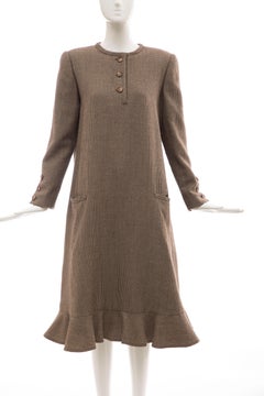 Bill Blass Brown Wool Tweed A Line Button Front Dress, Circa: 1970's