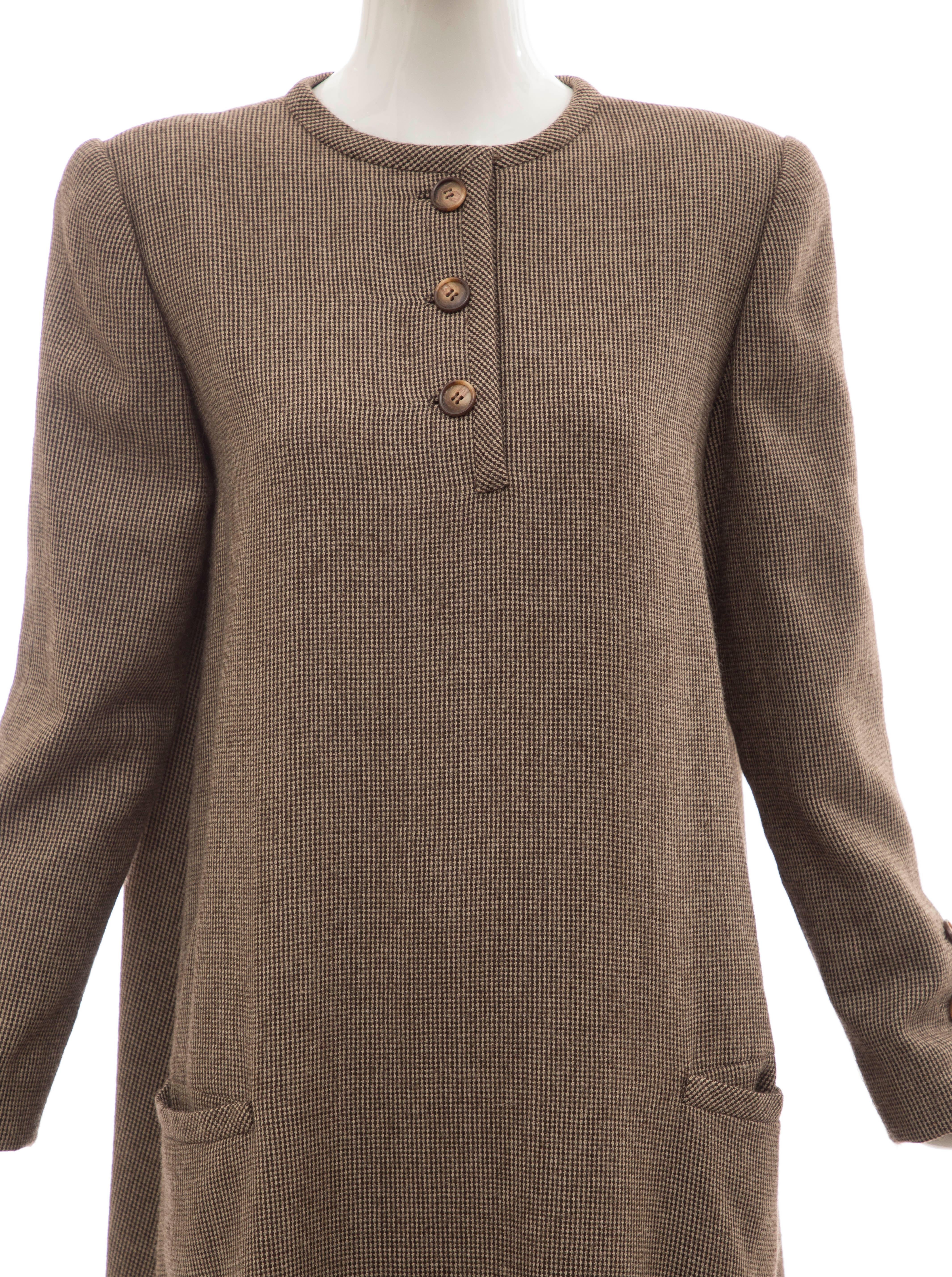 Women's Bill Blass Brown Wool Tweed A Line Button Front Dress, Circa: 1970's For Sale