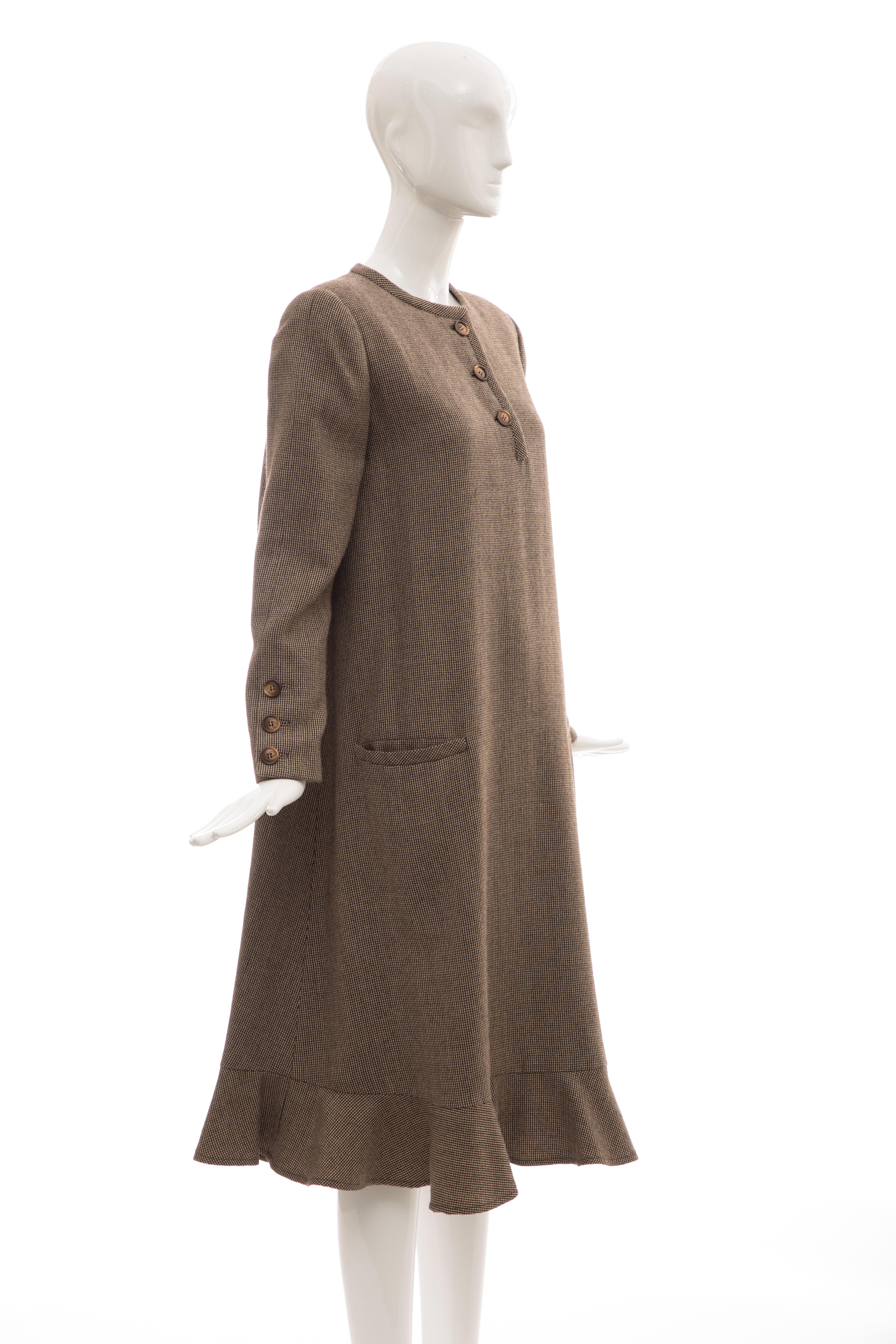 Bill Blass Brown Wool Tweed A Line Button Front Dress, Circa: 1970's For Sale 1