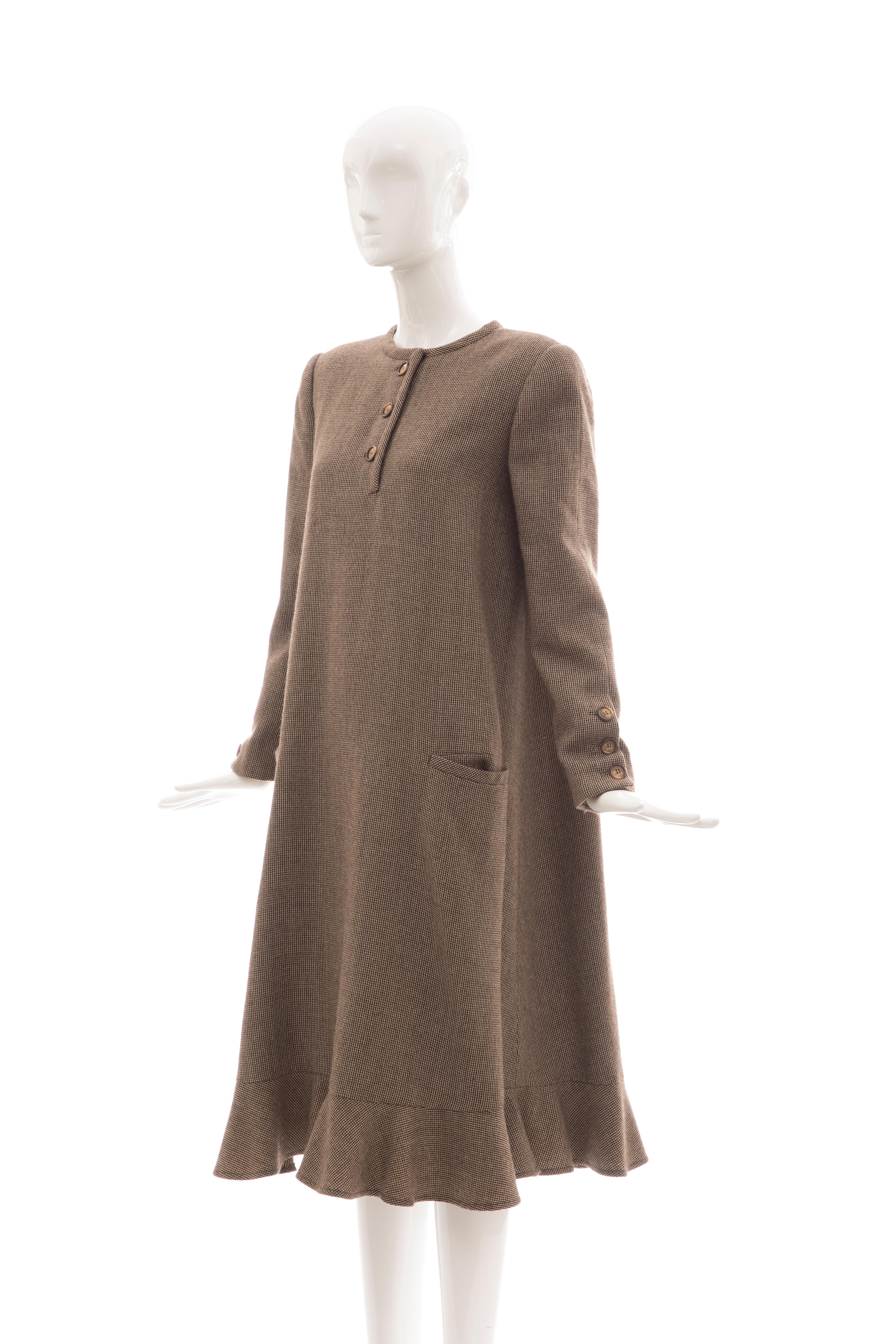 Bill Blass Brown Wool Tweed A Line Button Front Dress, Circa: 1970's For Sale 9