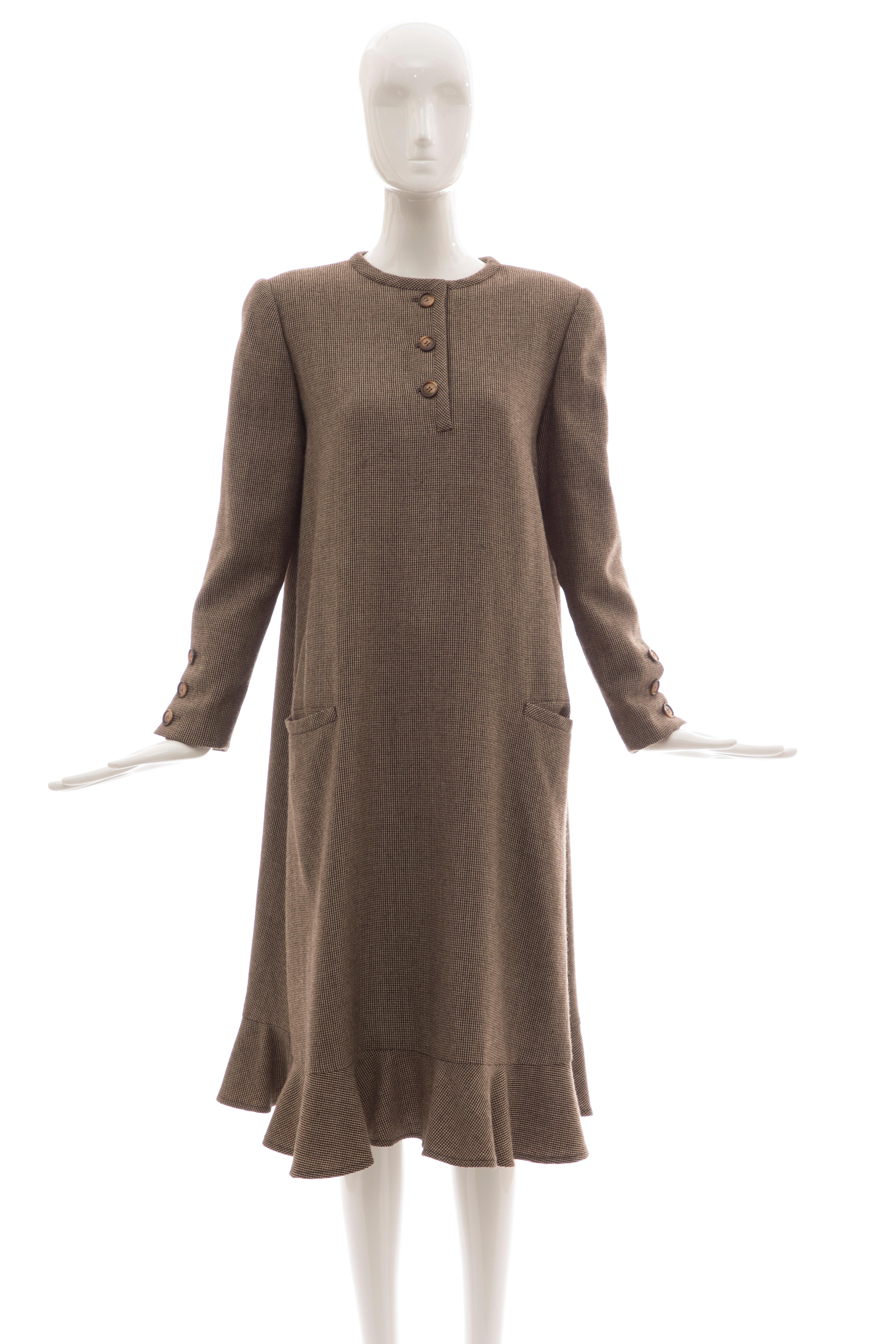 Bill Blass Brown Wool Tweed A Line Button Front Dress, Circa: 1970's For Sale 10