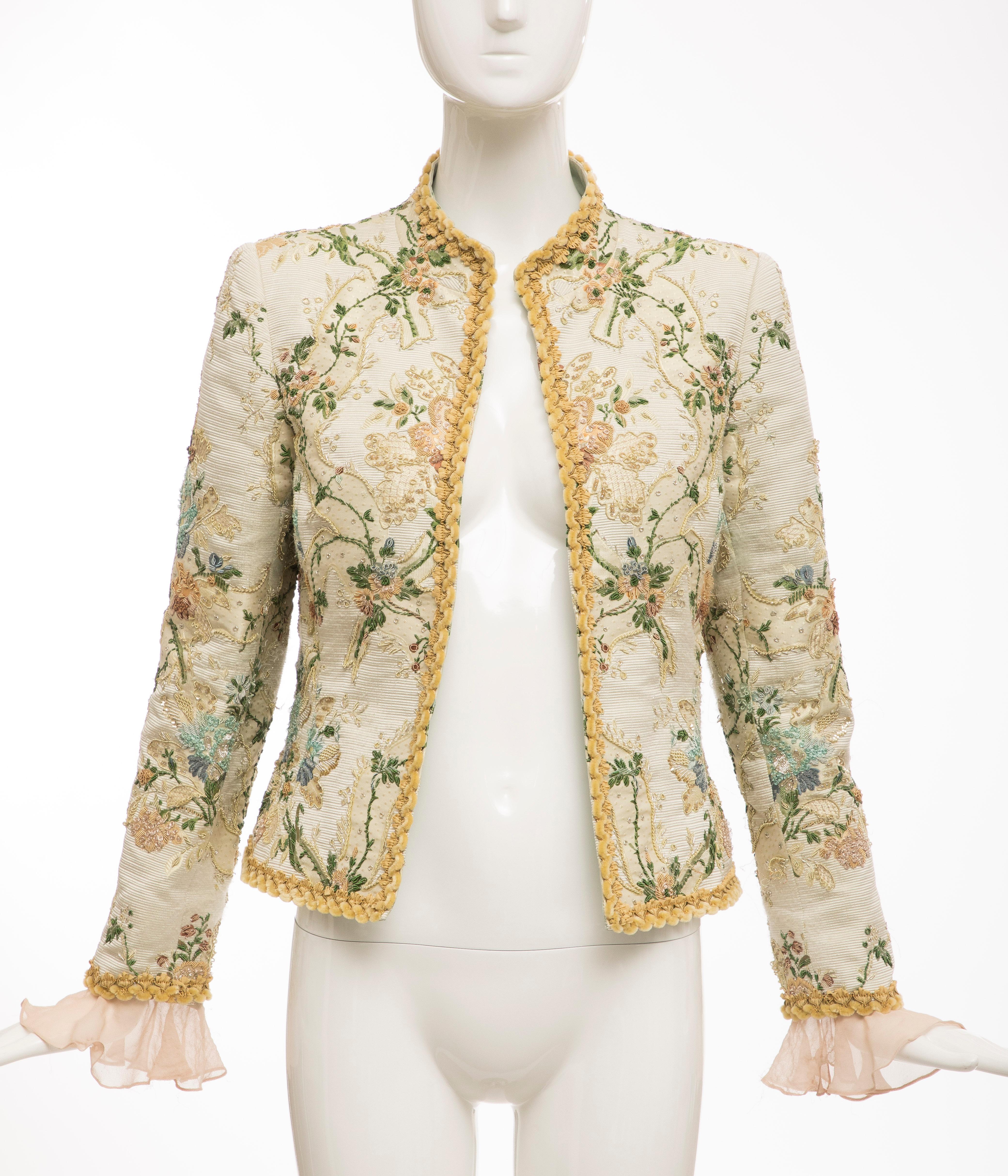 Oscar de la Renta, Circa: 1990's long-sleeve evening jacket with Lesage embroidery, silk chiffon ruffled cuff, fully lined in silk.

US: 8

Bust: 36, Waist: 34, Sleeve: 22, Shoulder: 15, Length: 21