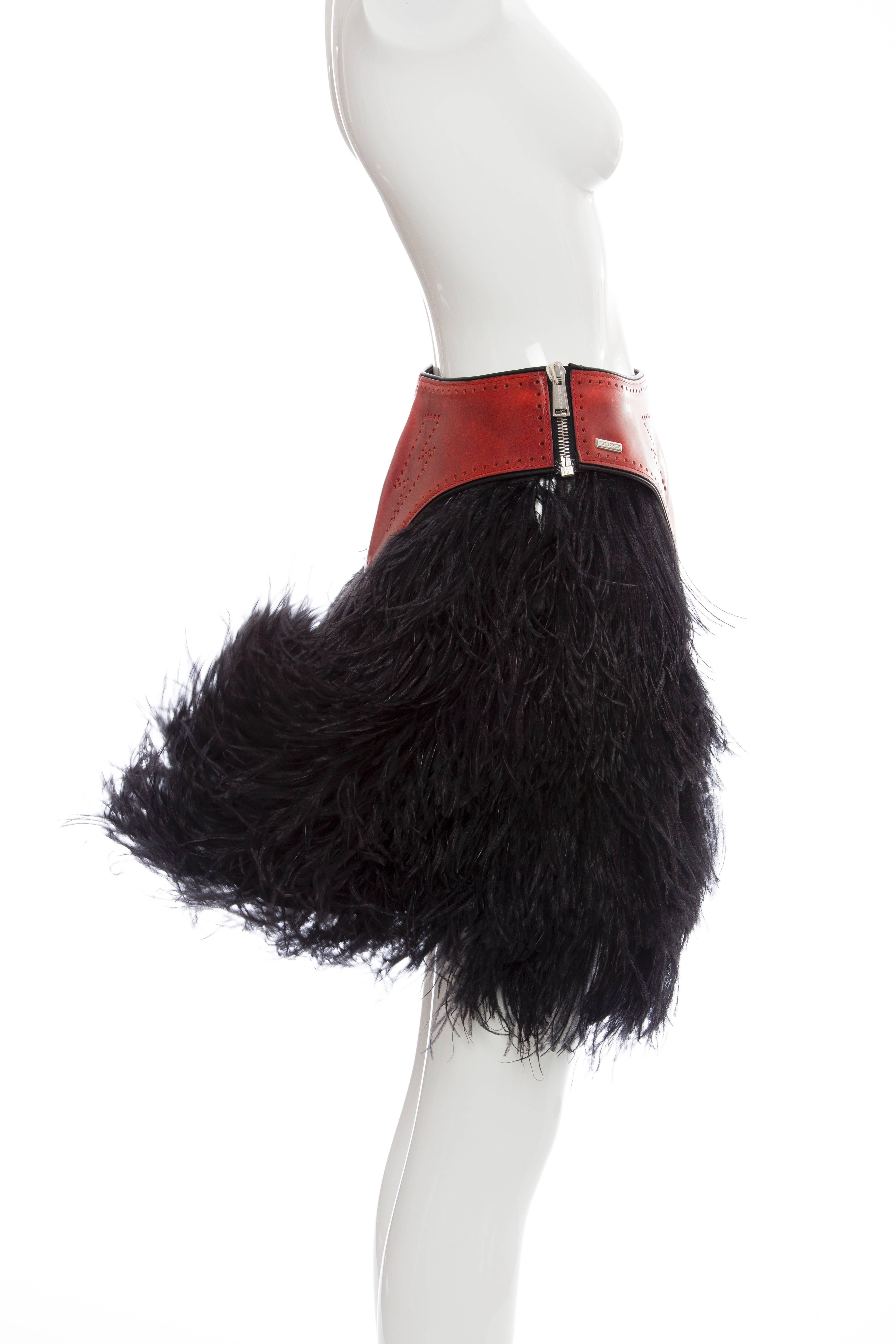 Black Dsquared2 Ostrich Feather Skirt With Red Perforated Leather Waist, Fall 2008