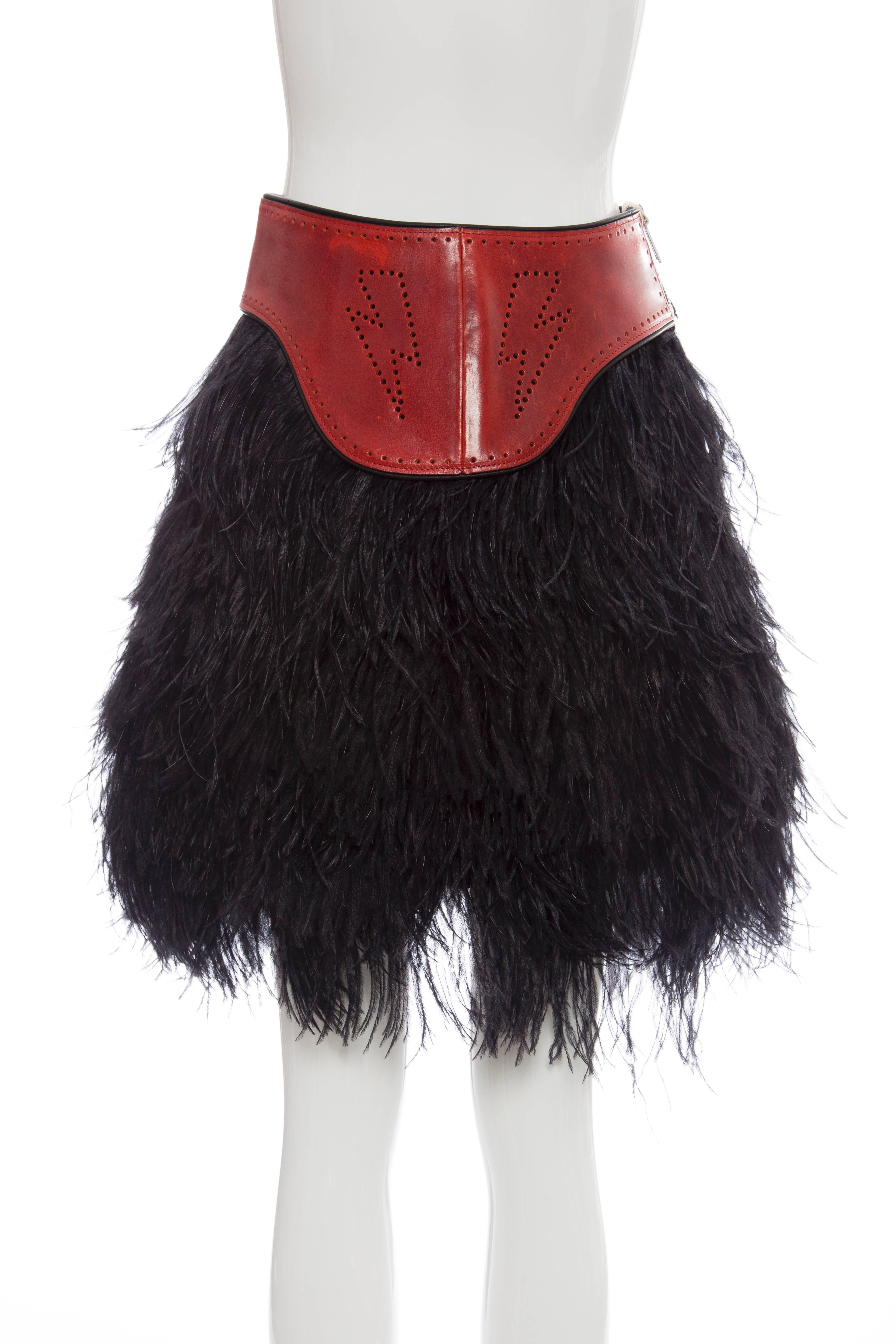 Dsquared2 Ostrich Feather Skirt With Red Perforated Leather Waist, Fall 2008 In New Condition In Cincinnati, OH
