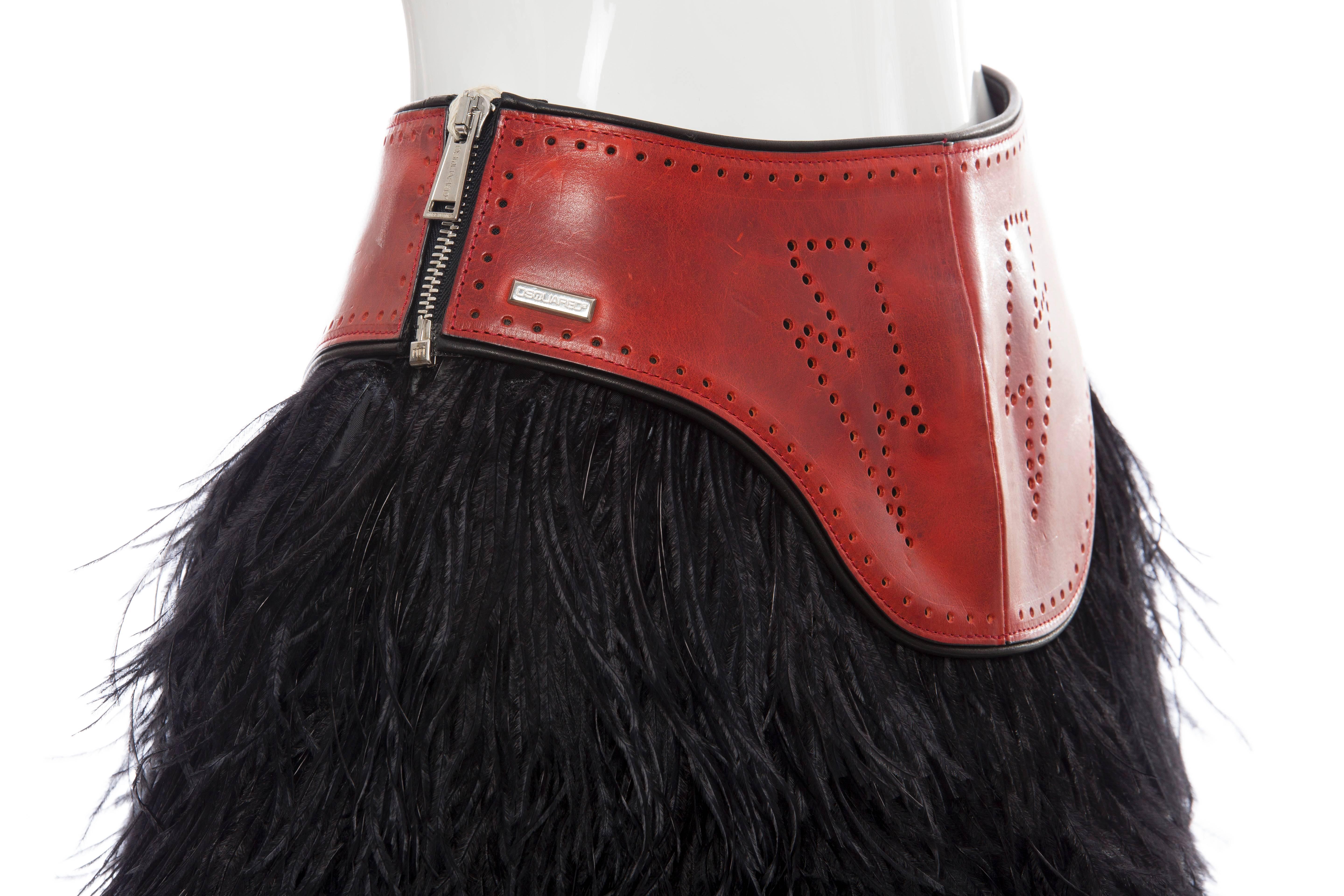 Women's Dsquared2 Ostrich Feather Skirt With Red Perforated Leather Waist, Fall 2008