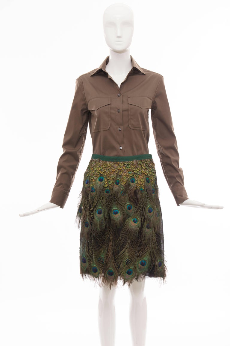 Prada Runway Cotton Button Front Top and Peacock Feather A-Line Skirt, Spring  2005 For Sale at 1stDibs | peacock feather skirt, prada feather skirt