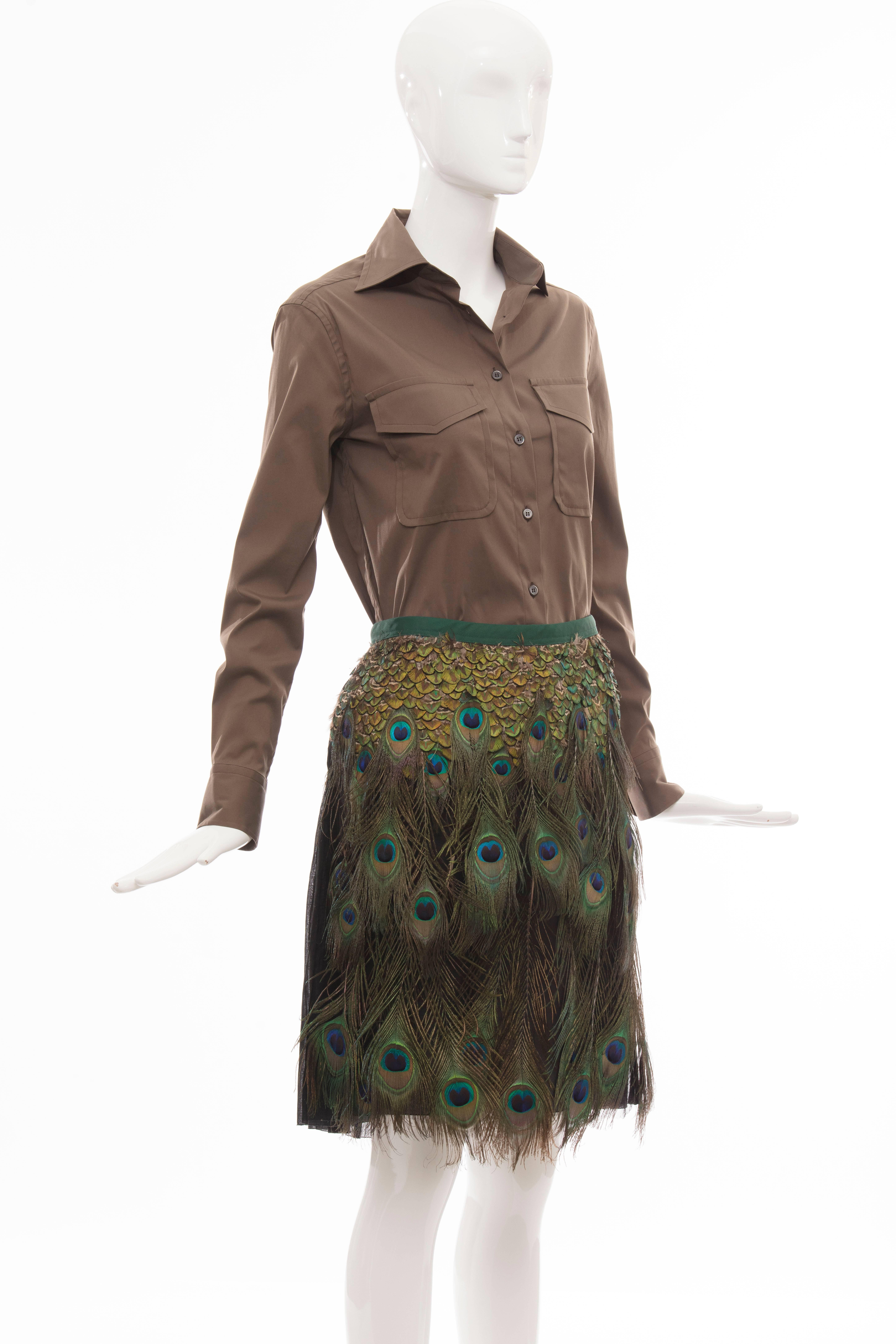 Black Prada Runway Cotton Button Front Top & Peacock Feather A-Line Skirt, Spring 2005 For Sale
