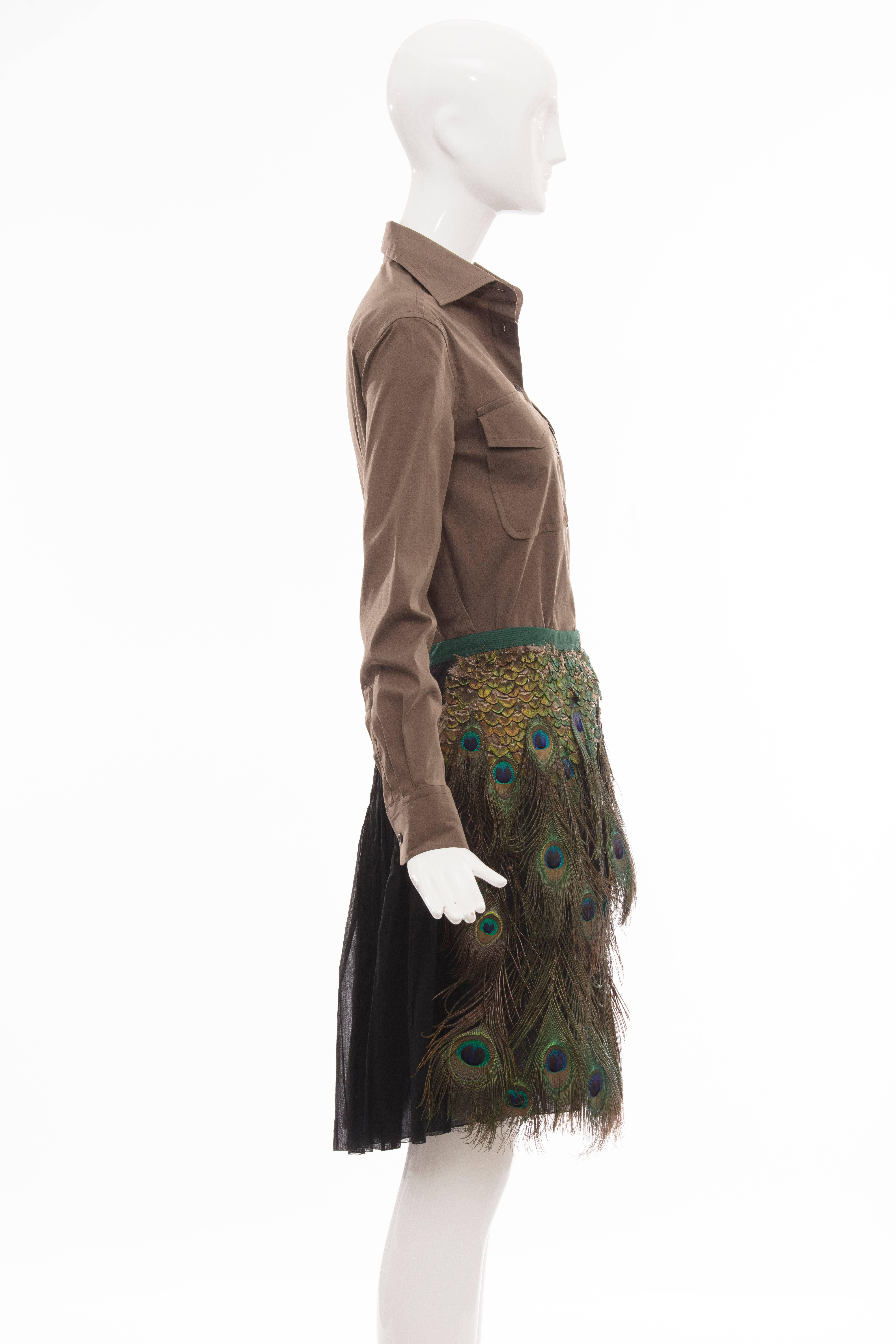 Women's Prada Runway Cotton Button Front Top & Peacock Feather A-Line Skirt, Spring 2005 For Sale